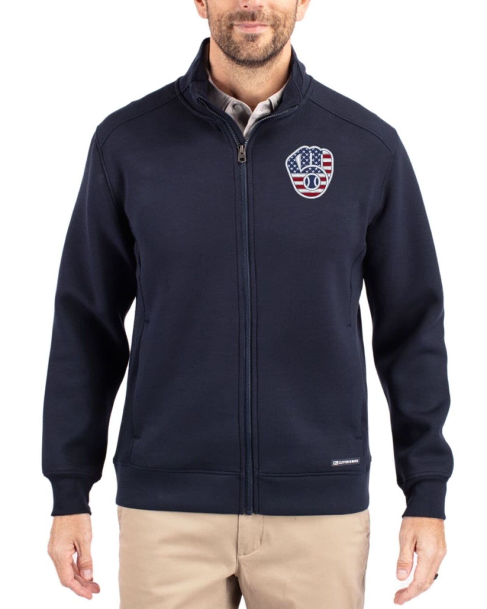 Men's Milwaukee Brewers Cutter & Buck Stars And Stripes Navy Blue Roam Buttery-Soft Knit Full Zip Jacket