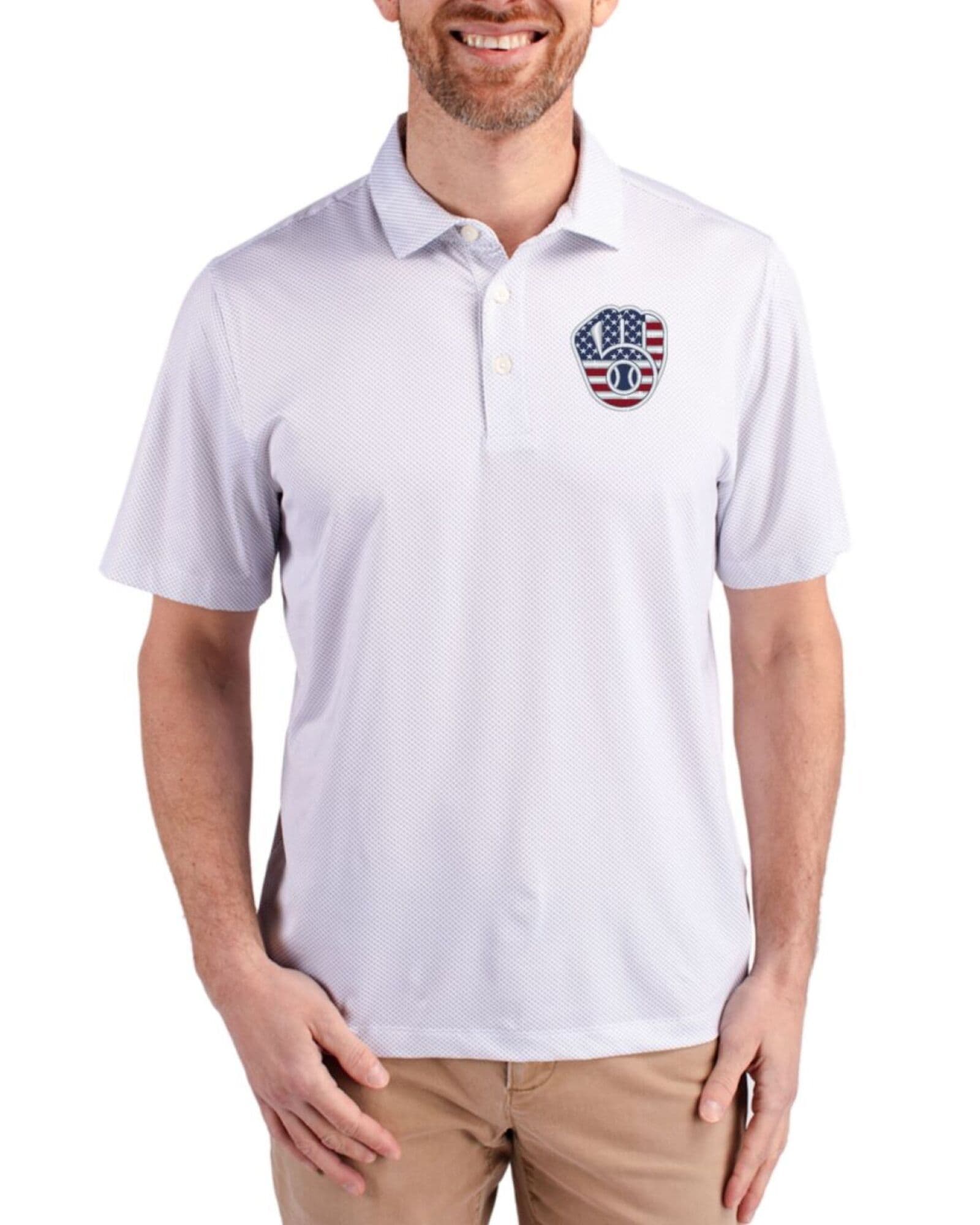 Men's Milwaukee Brewers Cutter & Buck Stars And Stripes White/Polished Pike Symmetry Print Polo