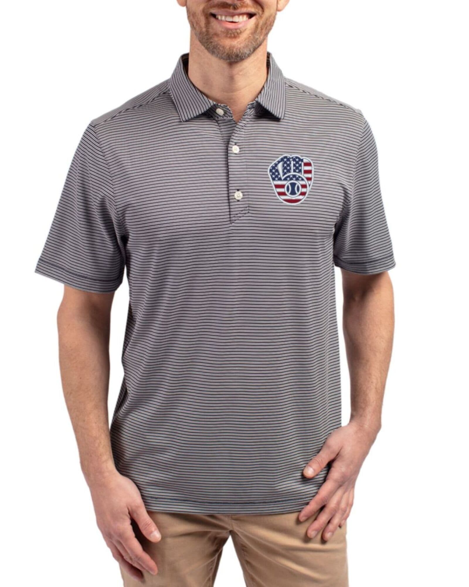 Men's Milwaukee Brewers Cutter & Buck Stars And Stripes Navy Blue/White Forge Double Stripe Four-Way Stretch Polo