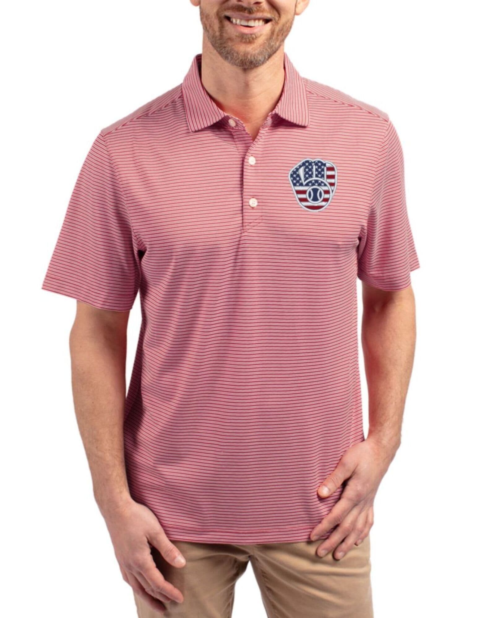 Men's Milwaukee Brewers Cutter & Buck Stars And Stripes Cardinal Red/White Forge Double Stripe Four-Way Stretch Polo