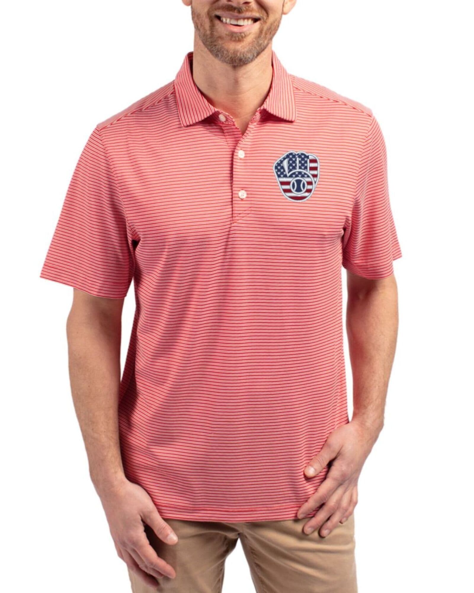 Men's Milwaukee Brewers Cutter & Buck Stars And Stripes Red/White Forge Double Stripe Four-Way Stretch Polo