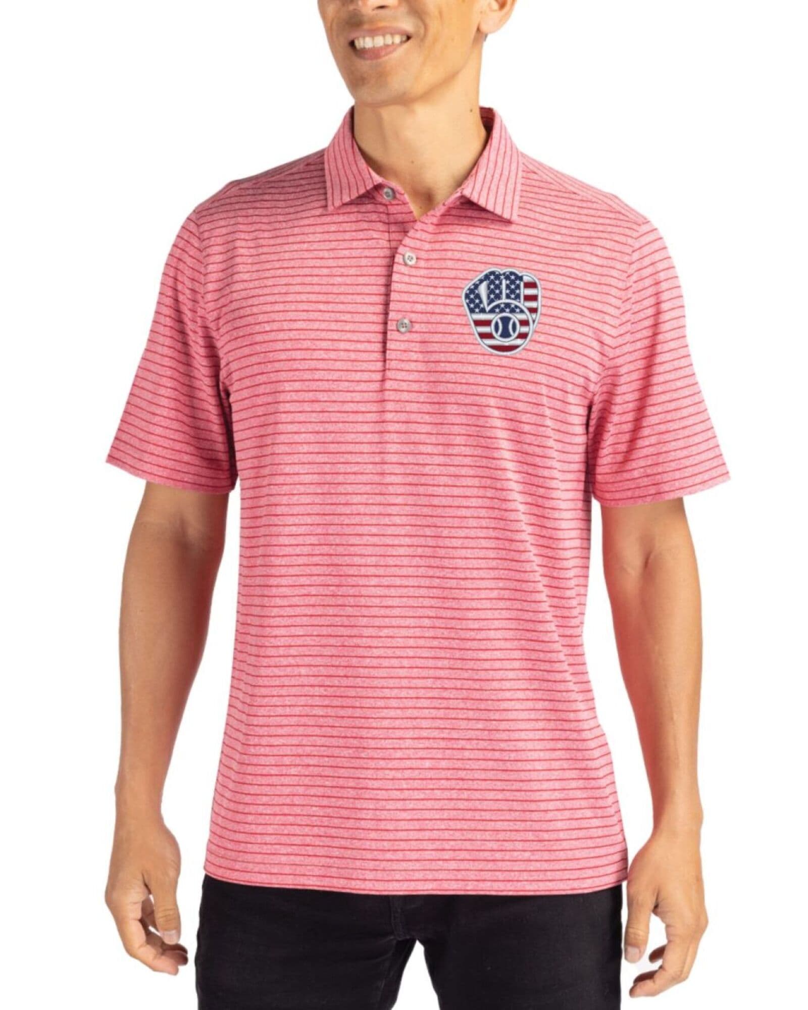 Men's Milwaukee Brewers Cutter & Buck Stars And Stripes Cardinal Red Heather Forge Heather Stripe Four-Way Stretch Polo