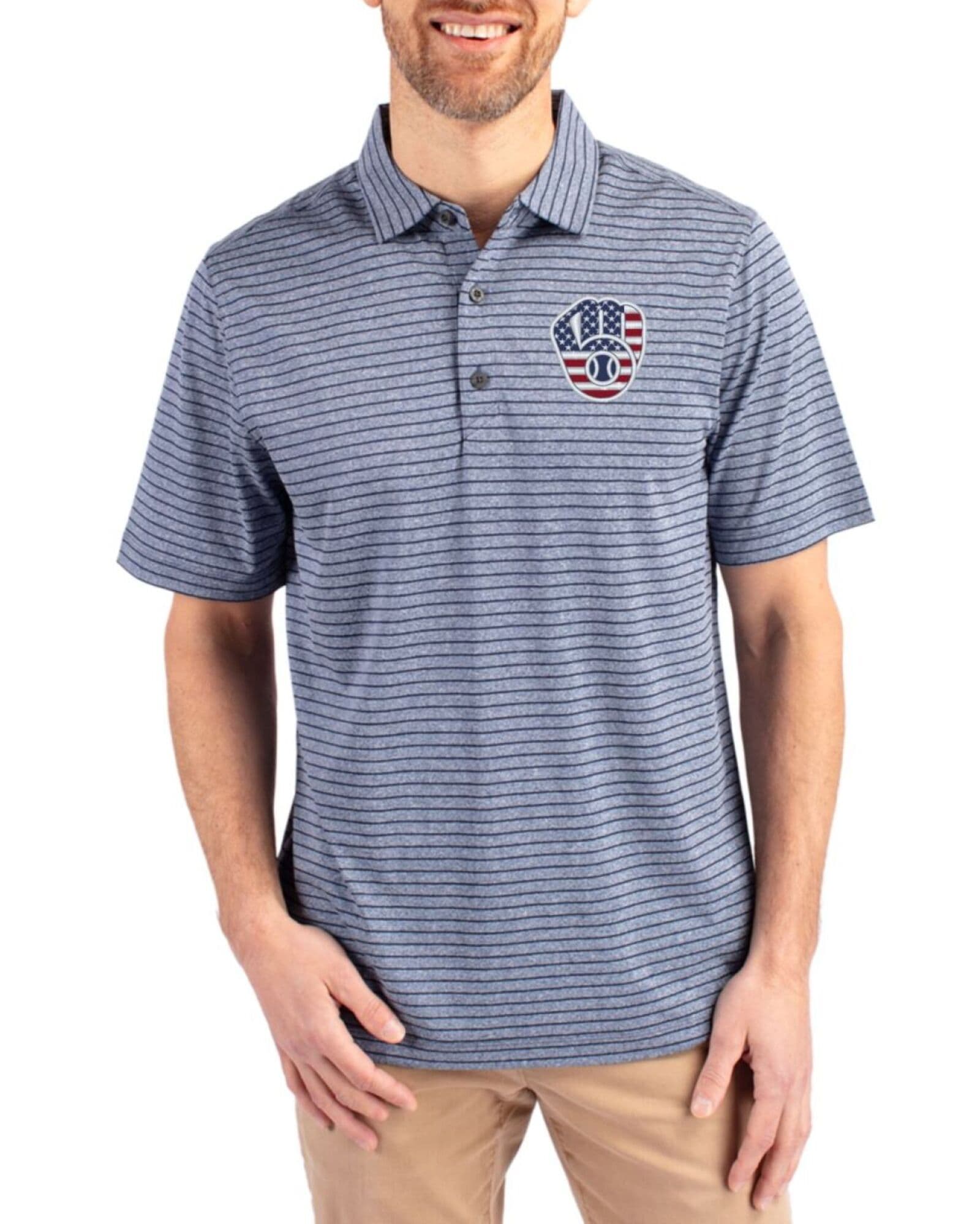 Men's Milwaukee Brewers Cutter & Buck Stars And Stripes Navy Blue Heather Forge Heather Stripe Four-Way Stretch Polo
