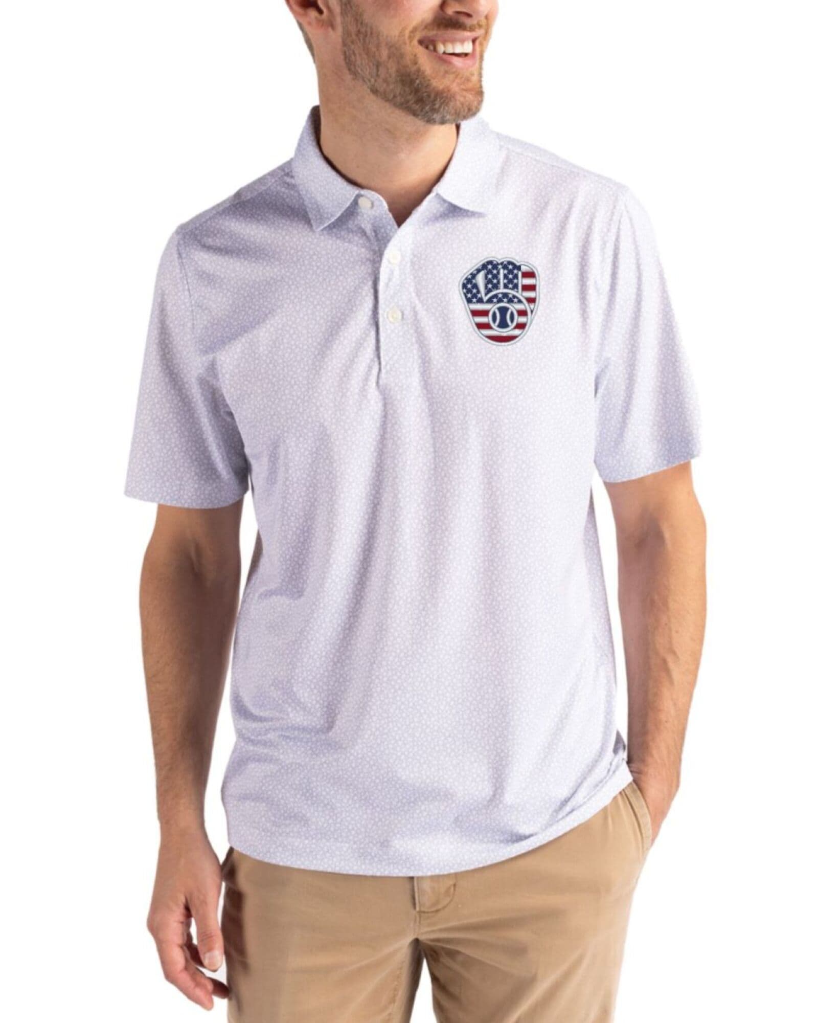 Men's Milwaukee Brewers Cutter & Buck Stars And Stripes White Pike Pebble Print Polo