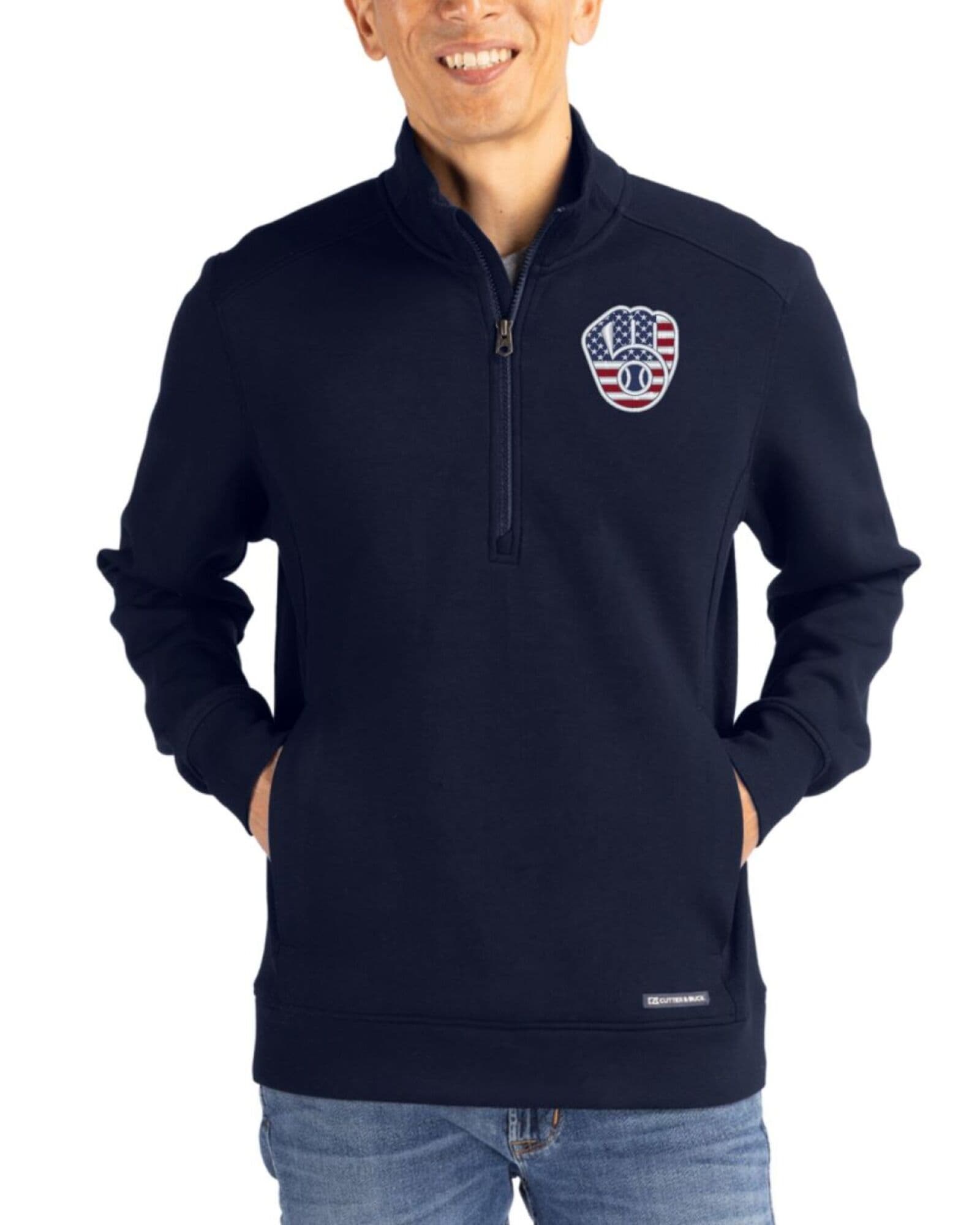 Men's Milwaukee Brewers Cutter & Buck Stars And Stripes Navy Blue Roam Buttery-Soft Knit Quarter Zip Jacket