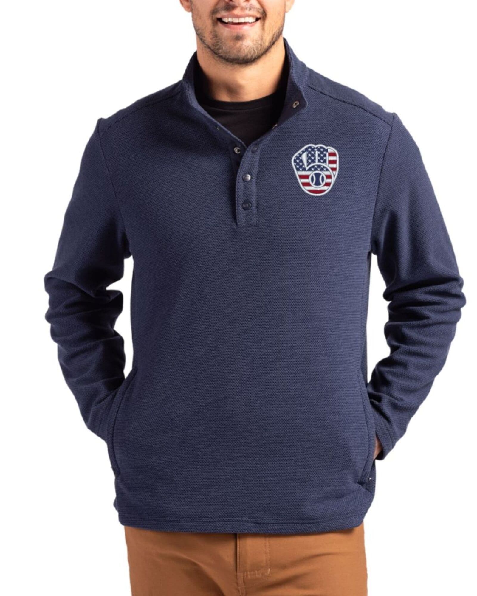 Men's Milwaukee Brewers Cutter & Buck Stars And Stripes Navy Blue Hunts Point Fleece Hybrid Snap Placket Pullover