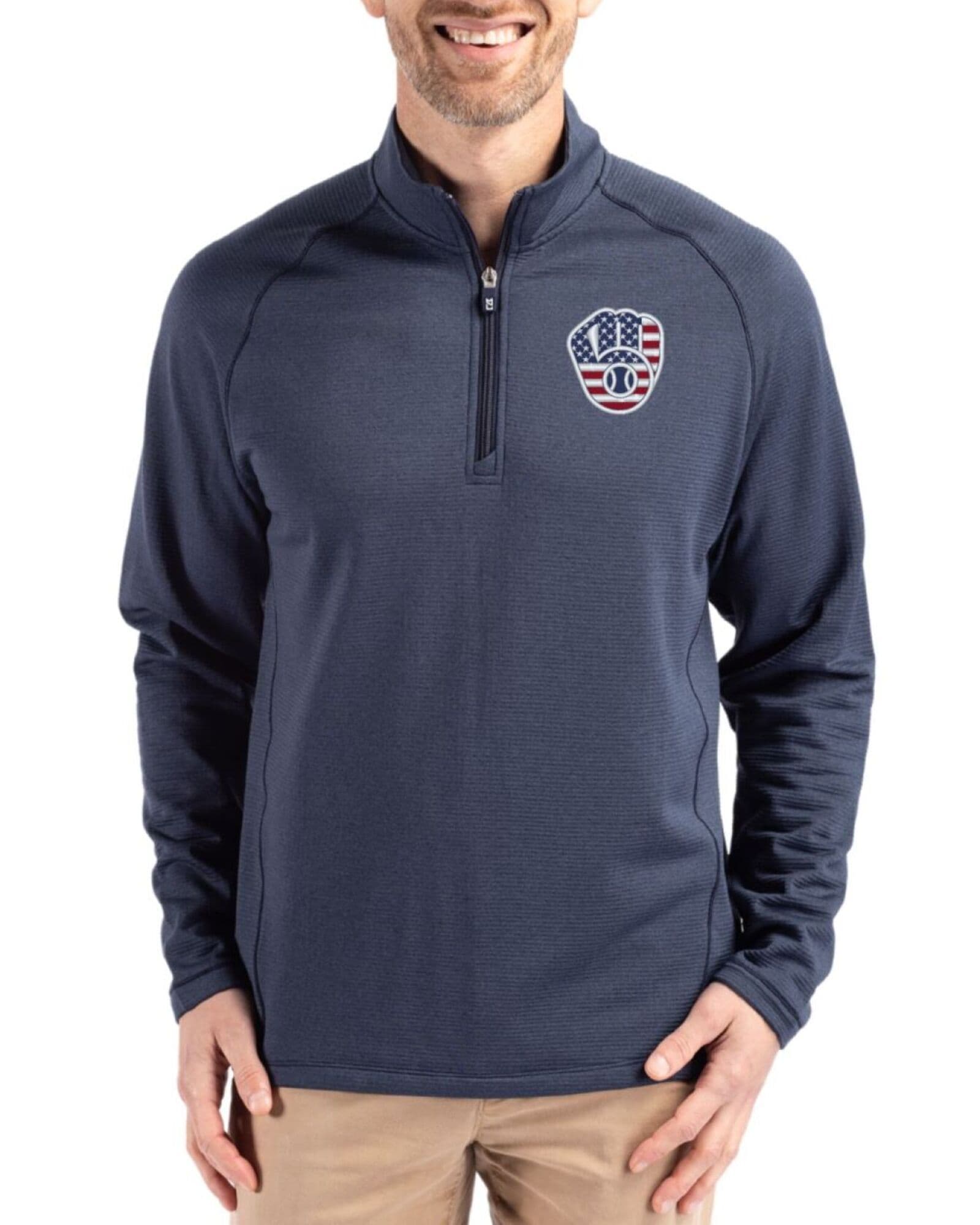 Men's Milwaukee Brewers Cutter & Buck Stars And Stripes Navy Blue Heather Peshastin Grid Fleece Half Zip Pullover
