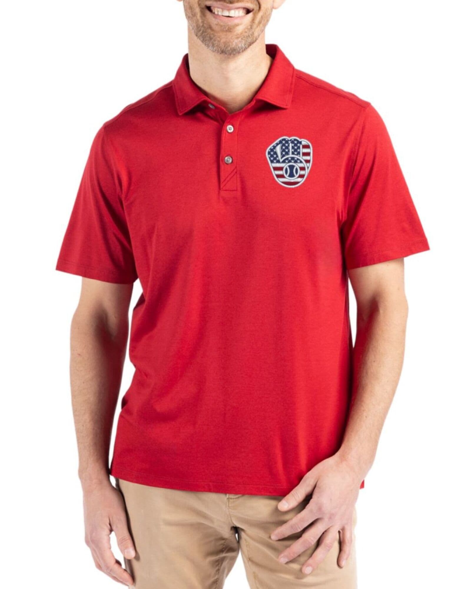 Men's Milwaukee Brewers Cutter & Buck Stars And Stripes Cardinal Red Coastline Double Peached Polo