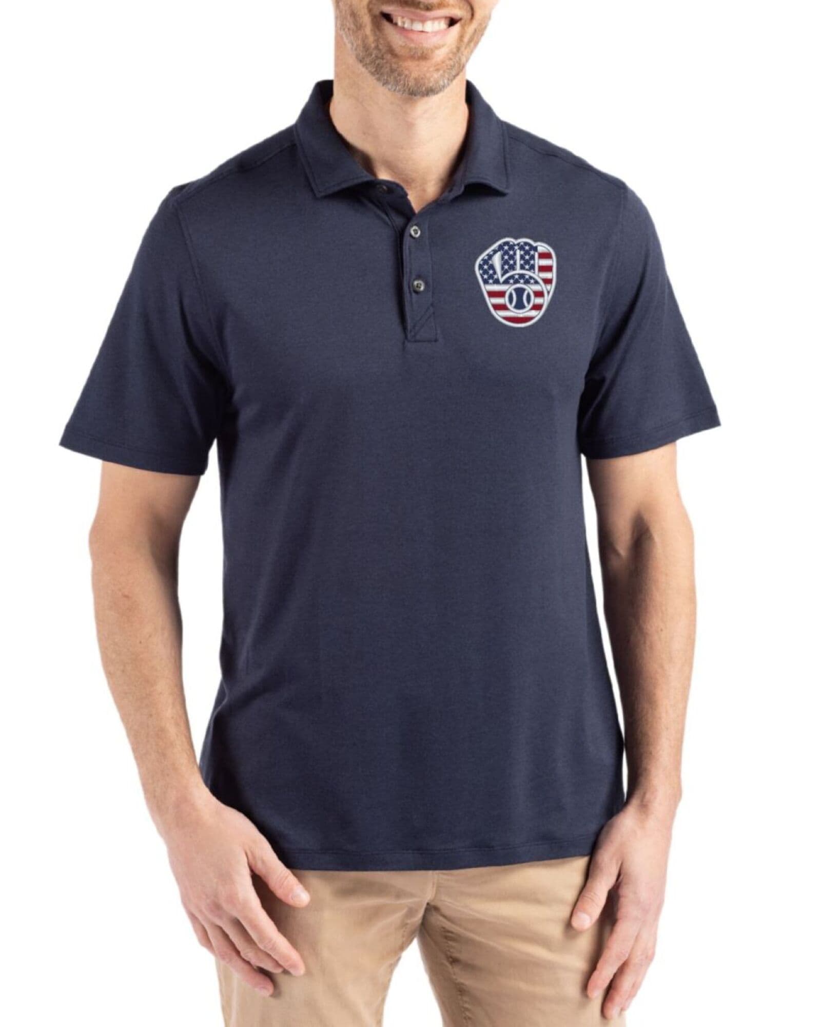 Men's Milwaukee Brewers Cutter & Buck Stars And Stripes Navy Blue Coastline Double Peached Polo