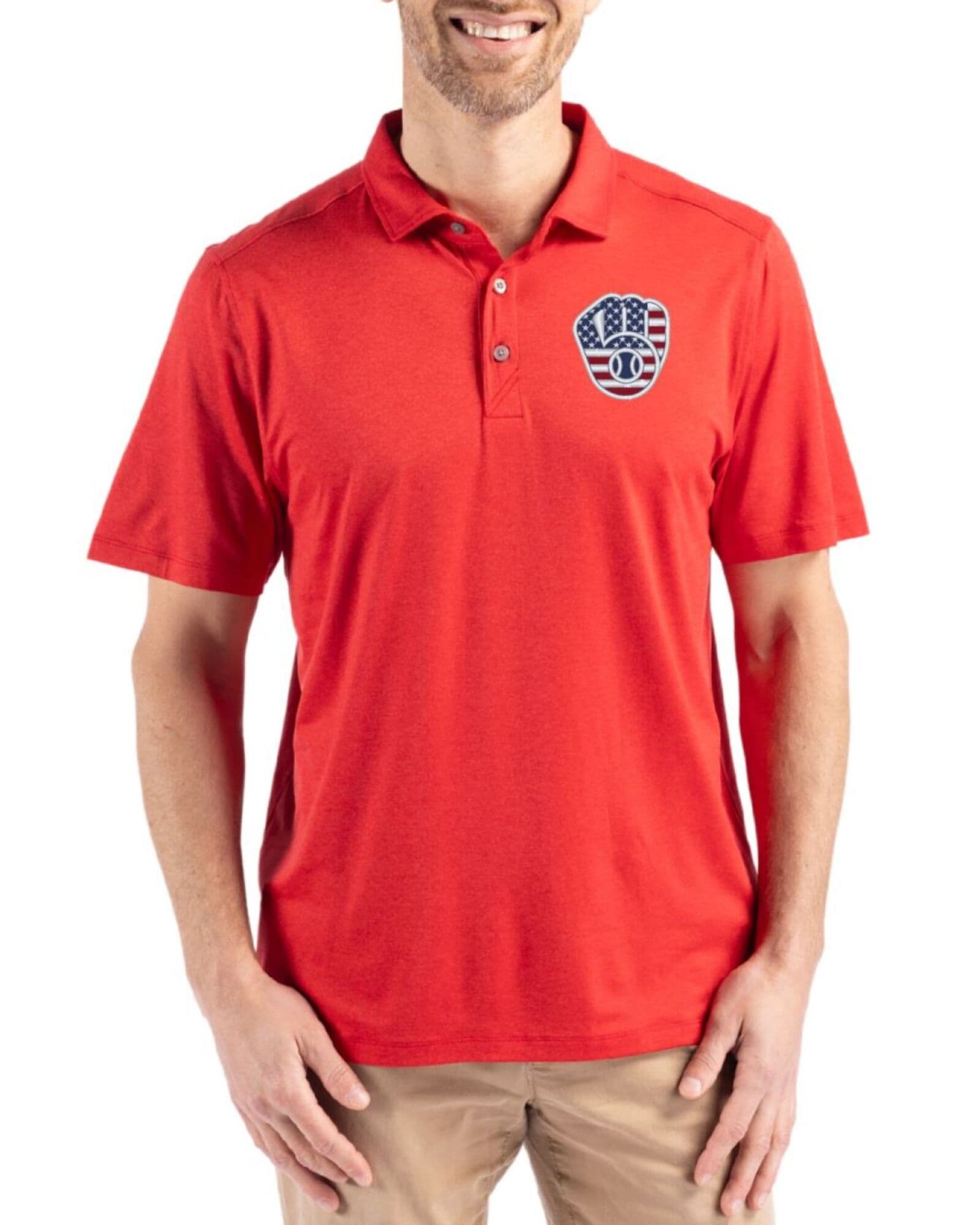Men's Milwaukee Brewers Cutter & Buck Stars And Stripes Red Coastline Double Peached Polo