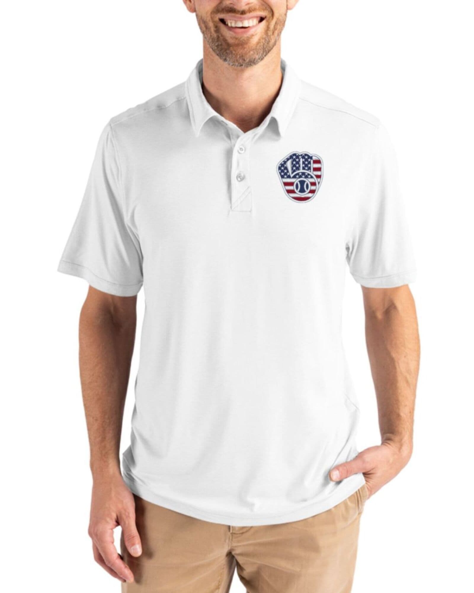 Men's Milwaukee Brewers Cutter & Buck Stars And Stripes White Coastline Double Peached Polo