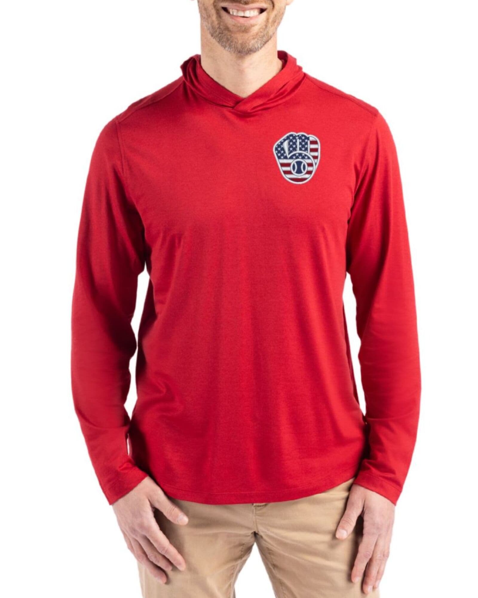 Men's Milwaukee Brewers Cutter & Buck Stars And Stripes Cardinal Red Coastline Double Peached Hooded Pullover