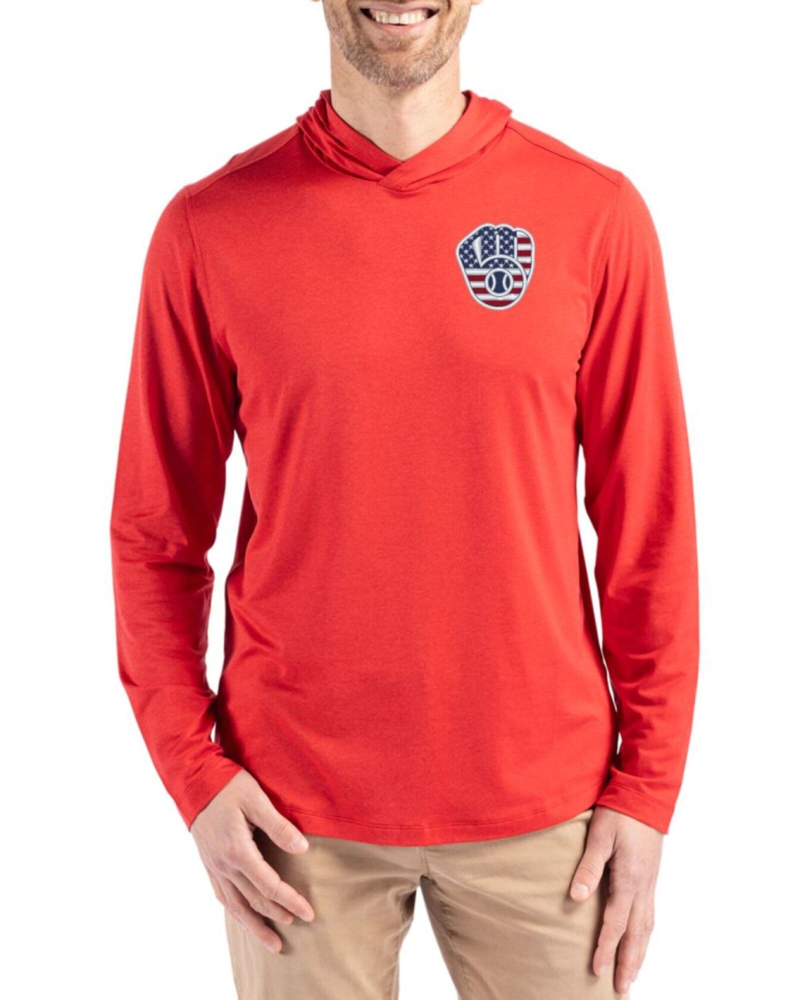 Men's Milwaukee Brewers Cutter & Buck Stars And Stripes Red Coastline Double Peached Hooded Pullover