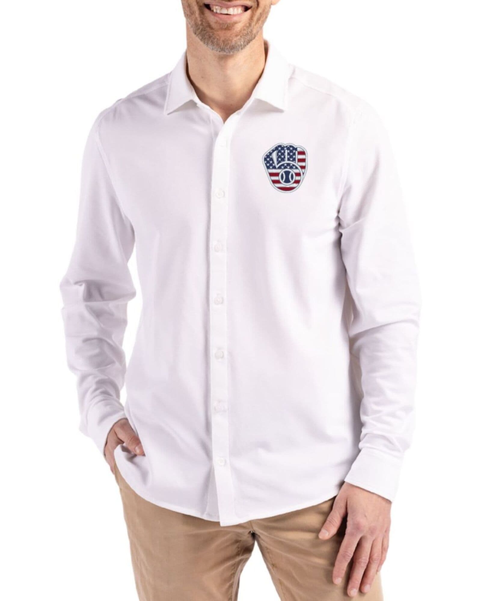Men's Milwaukee Brewers Cutter & Buck Stars And Stripes White Advantage Cotton-Blend Pique Long Sleeve Button Down Shirt