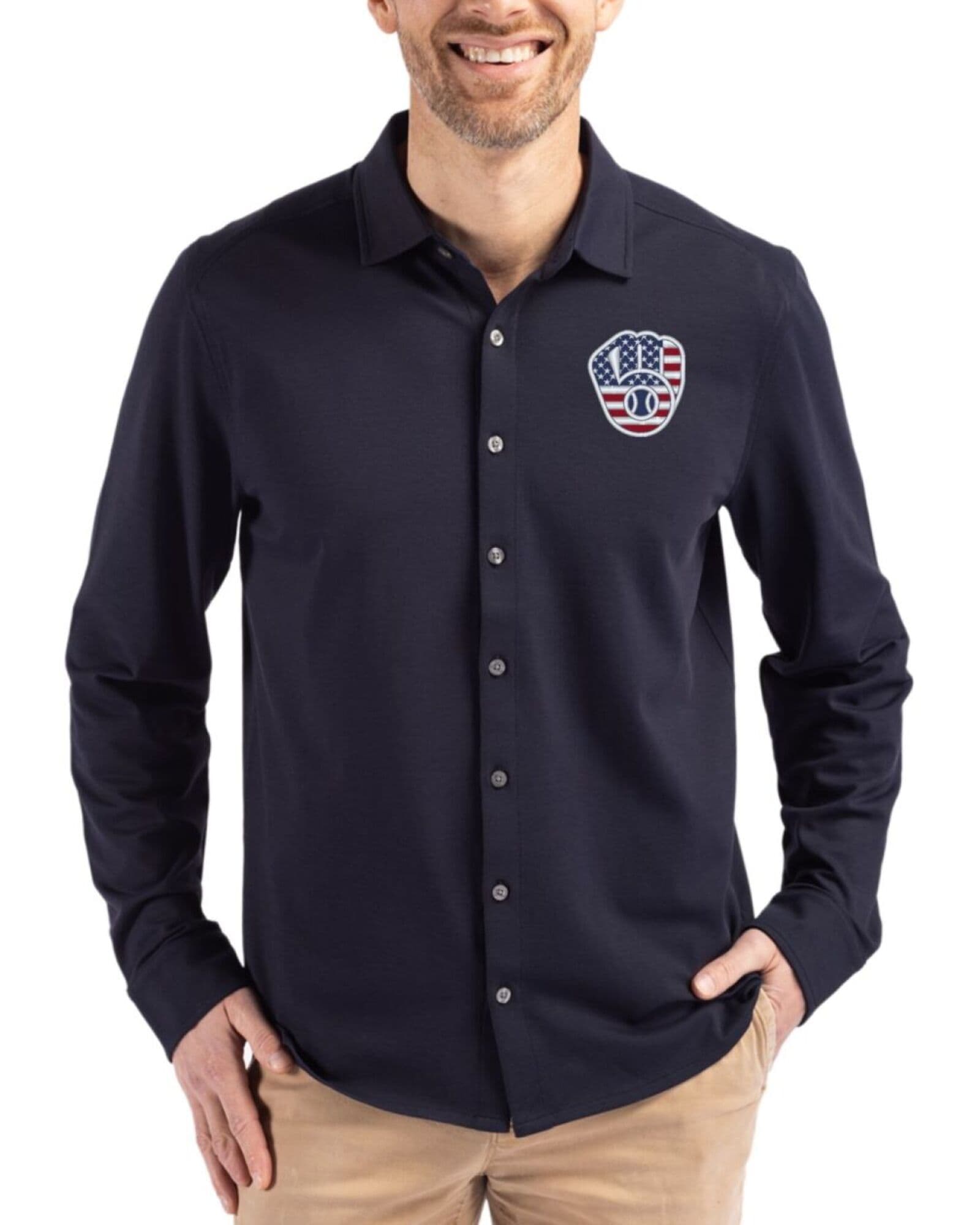 Men's Milwaukee Brewers Cutter & Buck Stars And Stripes Liberty Navy Advantage Cotton-Blend Pique Long Sleeve Button Down Shirt