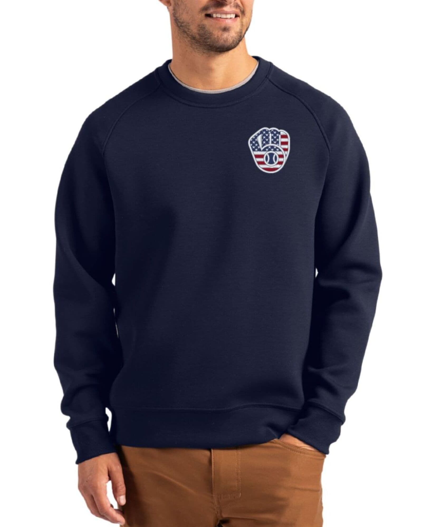 Men's Milwaukee Brewers Cutter & Buck Stars And Stripes Navy Blue Roam Buttery-Soft Knit Crew Neck Pullover