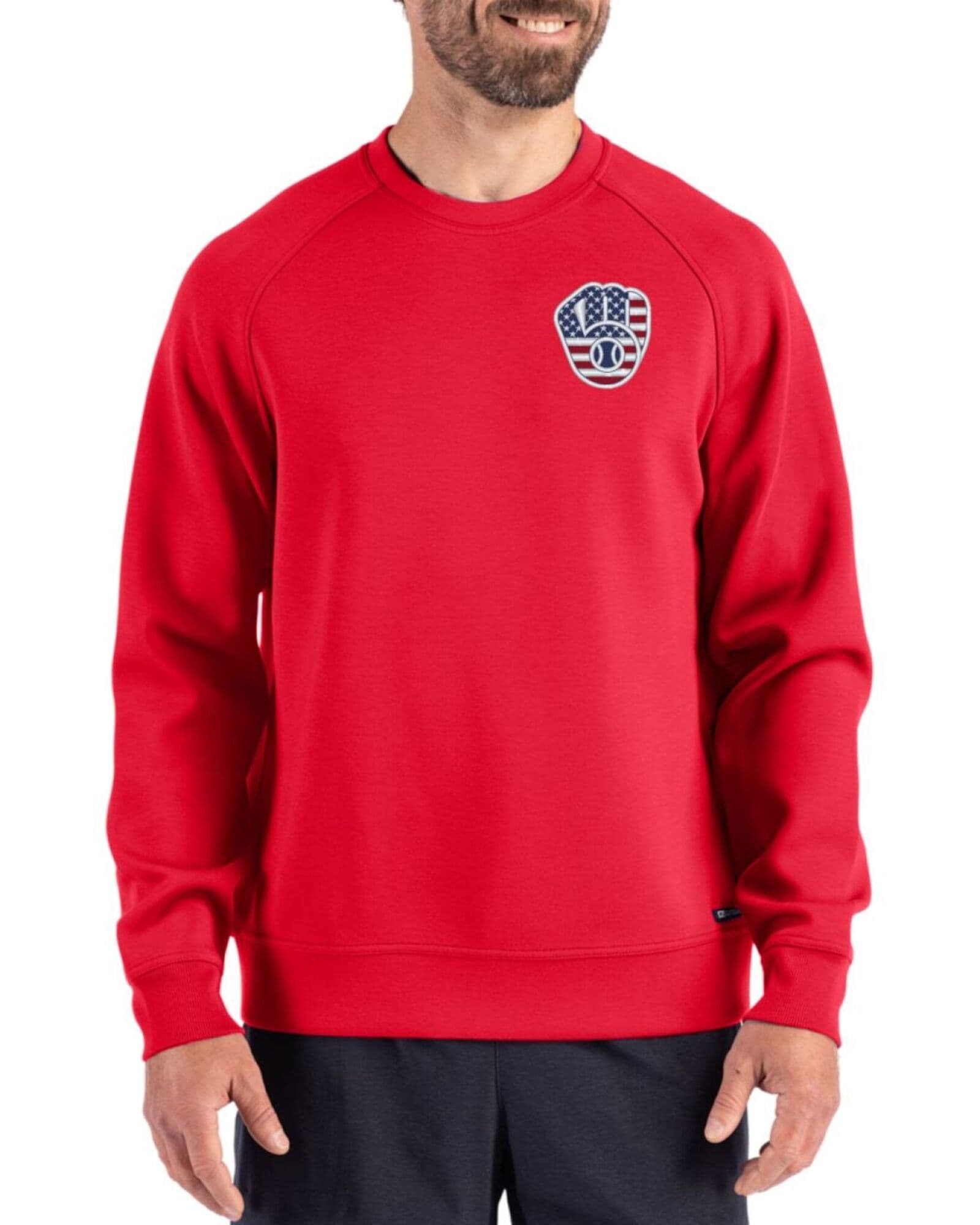 Men's Milwaukee Brewers Cutter & Buck Stars And Stripes Red Roam Buttery-Soft Knit Crew Neck Pullover