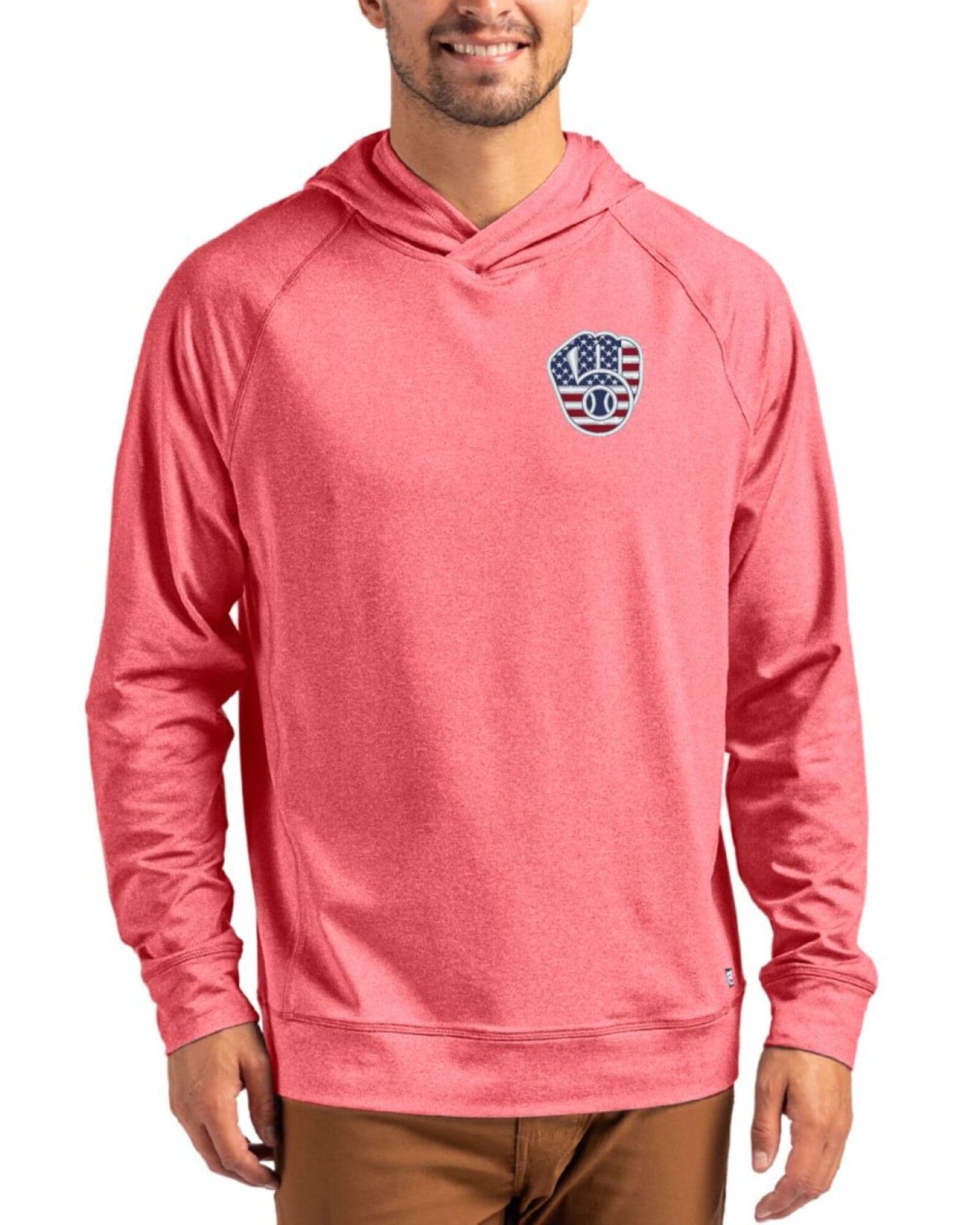 Men's Milwaukee Brewers Cutter & Buck Stars And Stripes Cardinal Red Heather Adapt Soft Knit Stretch Heathered Hooded Pullover