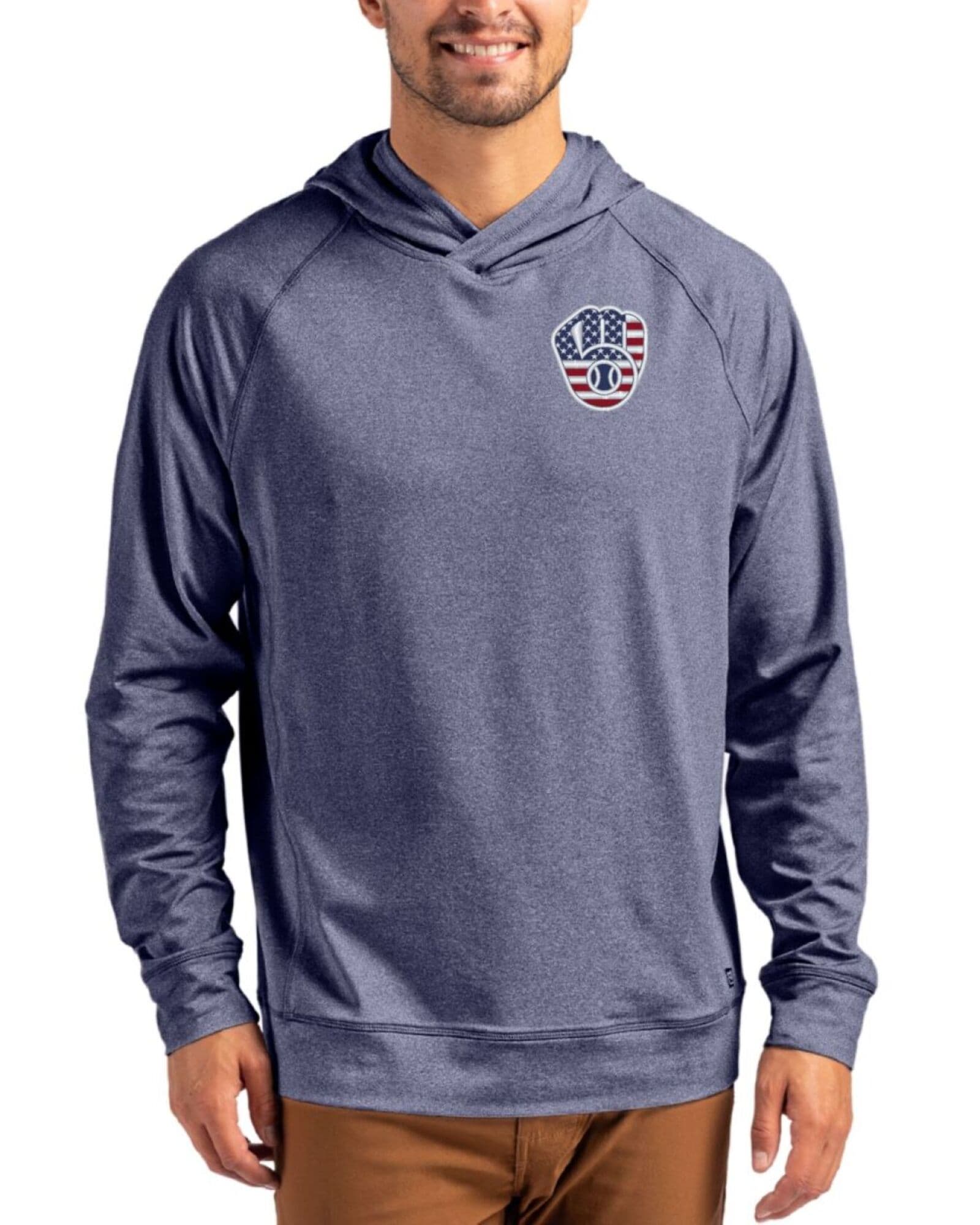 Men's Milwaukee Brewers Cutter & Buck Stars And Stripes Navy Blue Heather Adapt Soft Knit Stretch Heathered Hooded Pullover