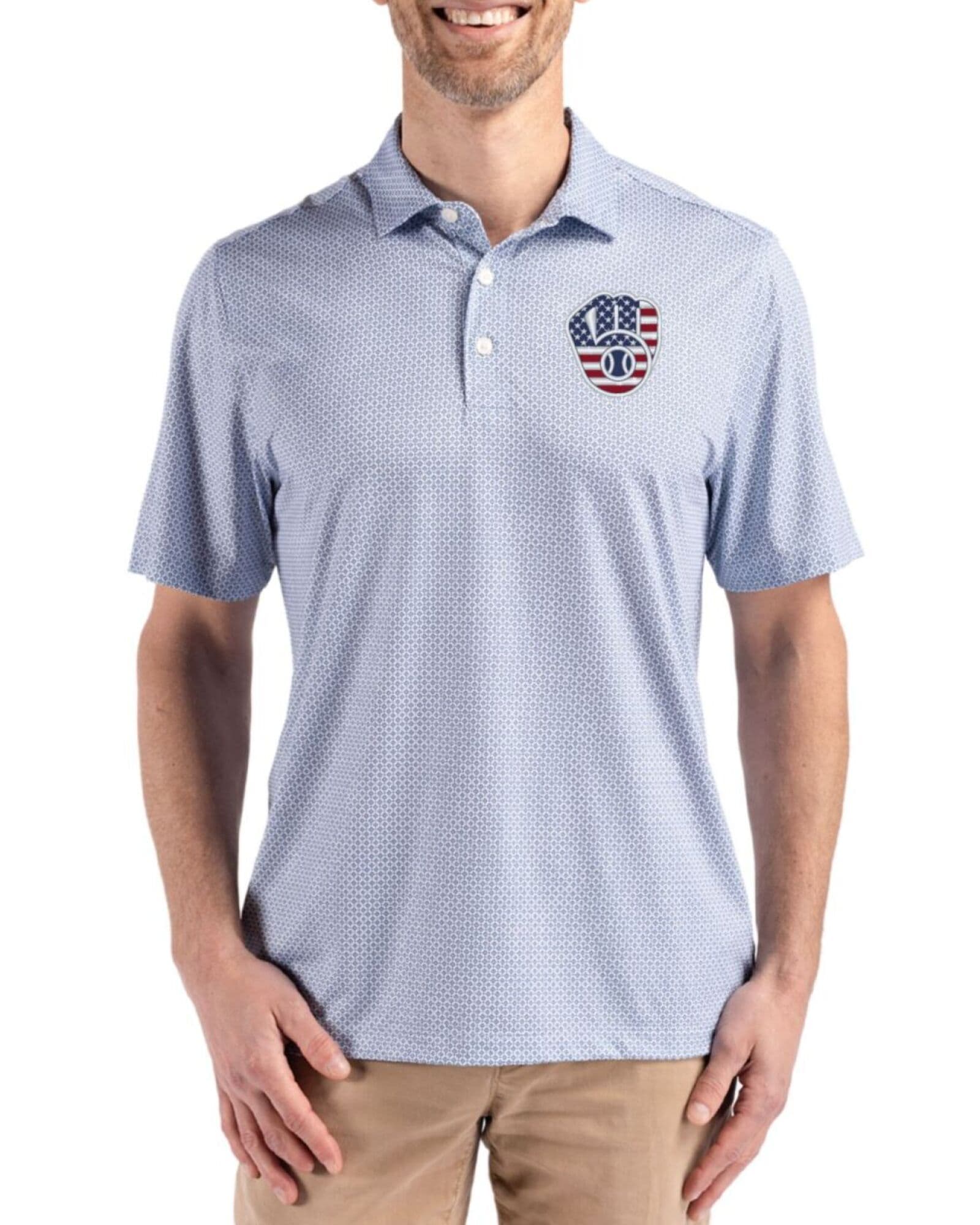 Men's Milwaukee Brewers Cutter & Buck Stars And Stripes Navy Blue Pike Diamond Dot Print Polo