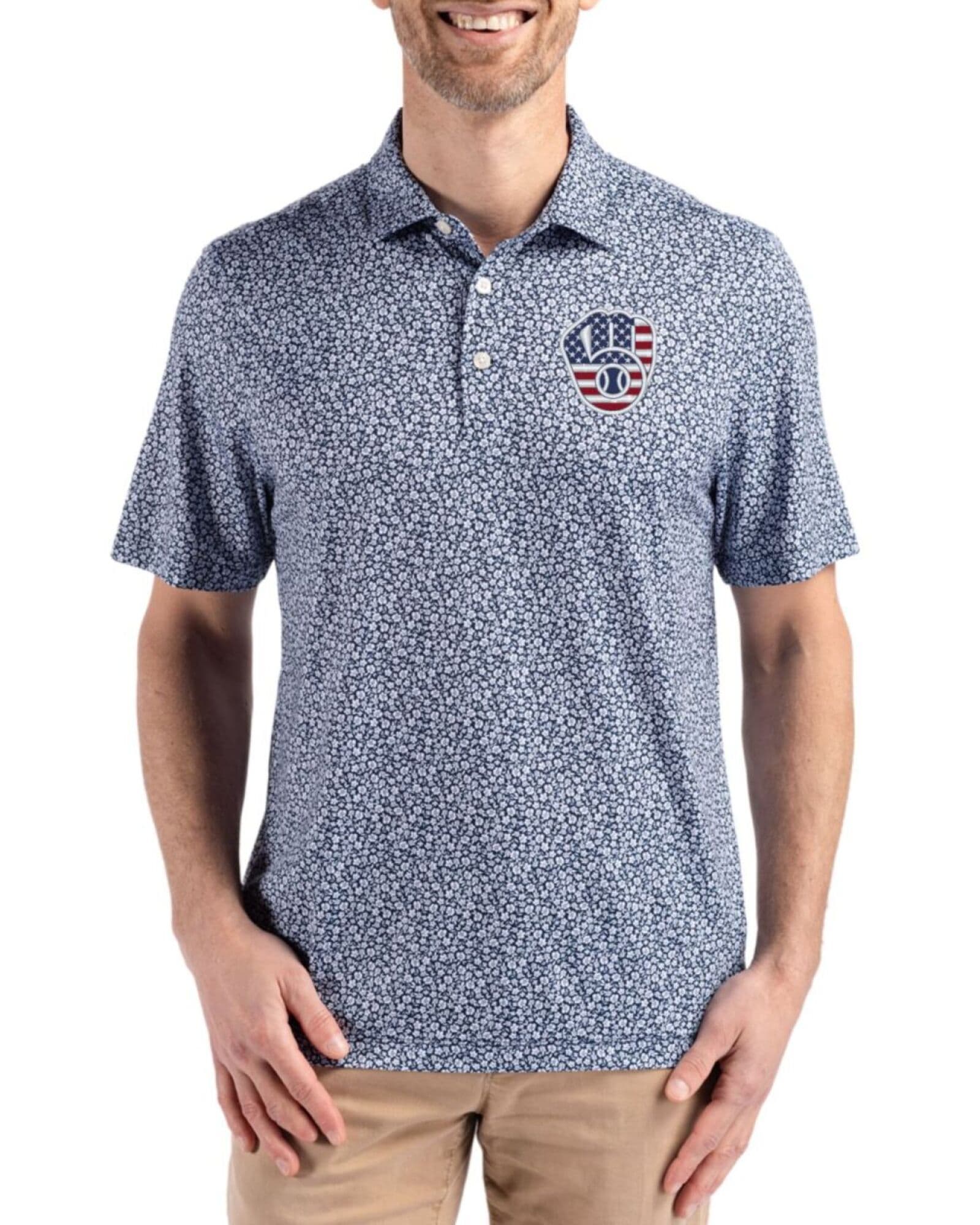 Men's Milwaukee Brewers Cutter & Buck Stars And Stripes Navy Blue Pike Flora Print Polo