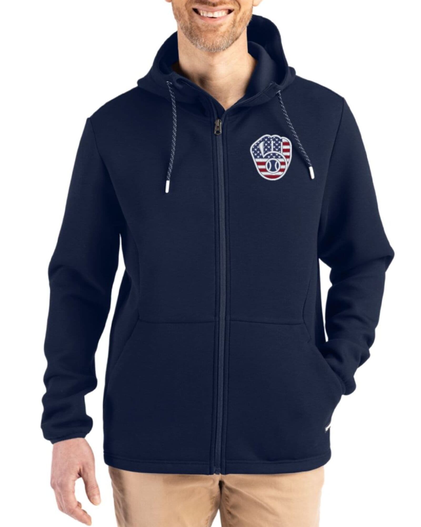 Men's Milwaukee Brewers Cutter & Buck Stars And Stripes Navy Blue Roam Buttery-Soft Knit Full Zip Hooded Jacket