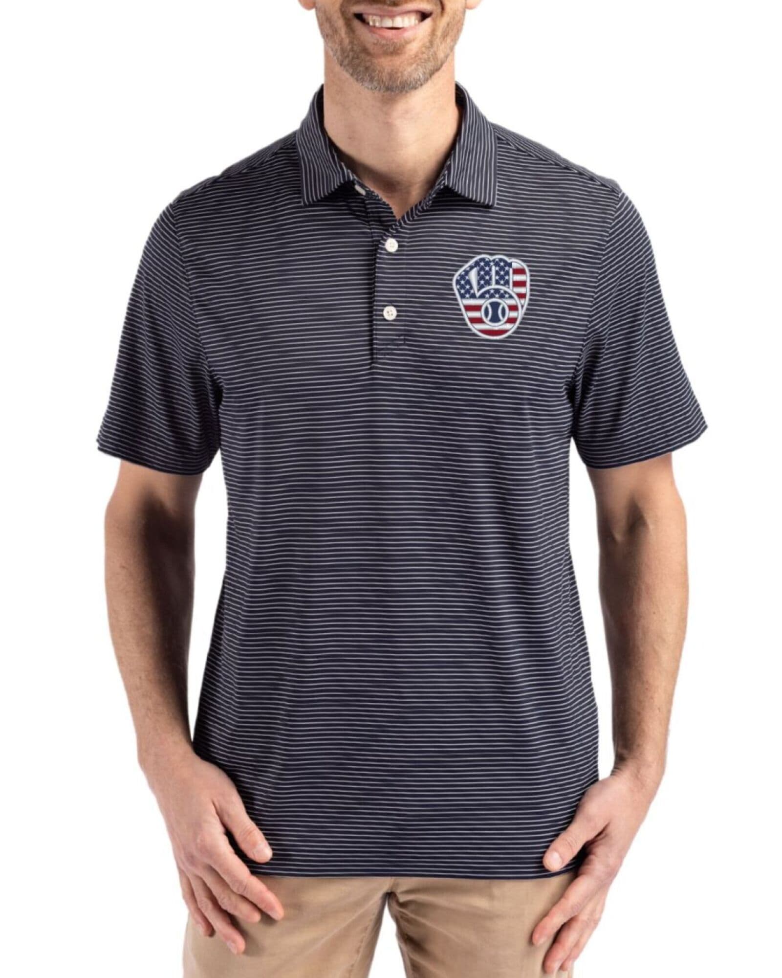 Men's Milwaukee Brewers Cutter & Buck Stars And Stripes Navy Blue/White Forge Fine Line Stripe Four-Way Stretch Polo