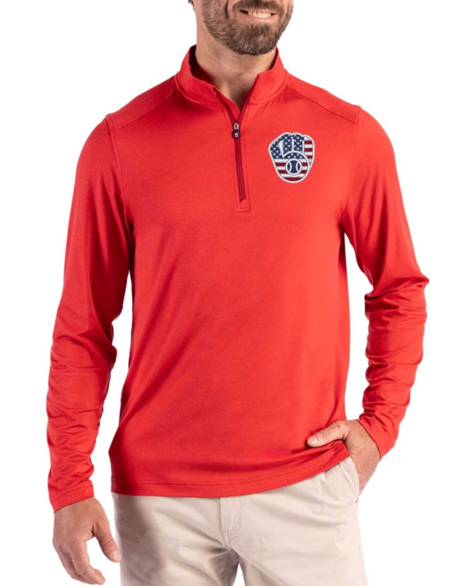 Men's Milwaukee Brewers Cutter & Buck Stars And Stripes Red Coastline Double Peached Quarter Zip Pullover