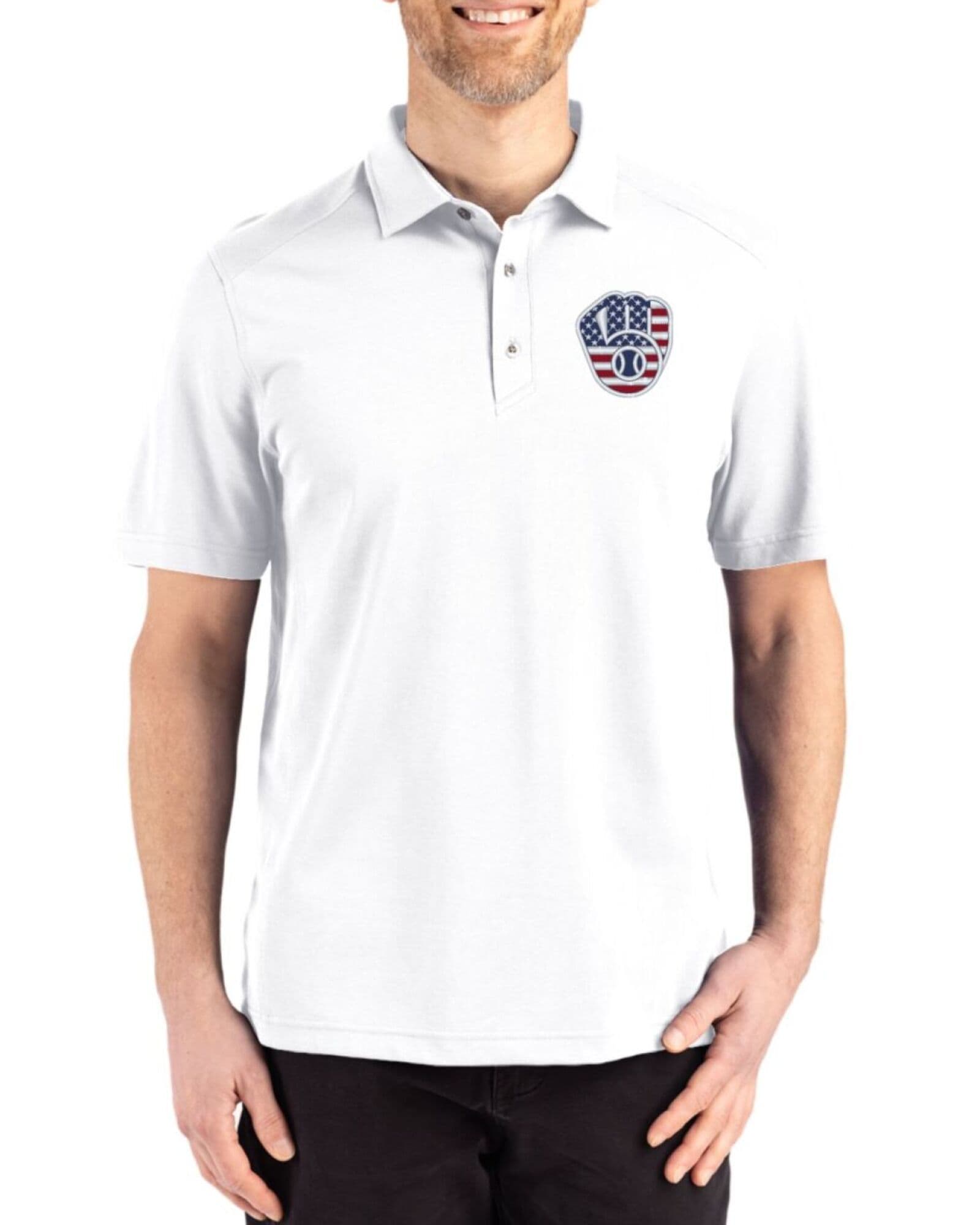 Men's Milwaukee Brewers Cutter & Buck Stars And Stripes White Advantage Refresh Cotton-Blend Pique Polo