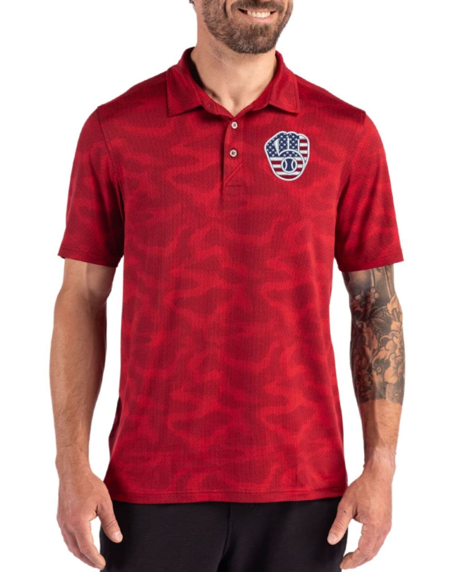 Men's Milwaukee Brewers Cutter & Buck Stars And Stripes Cardinal Red Coastline Double Peached Camo Print Polo