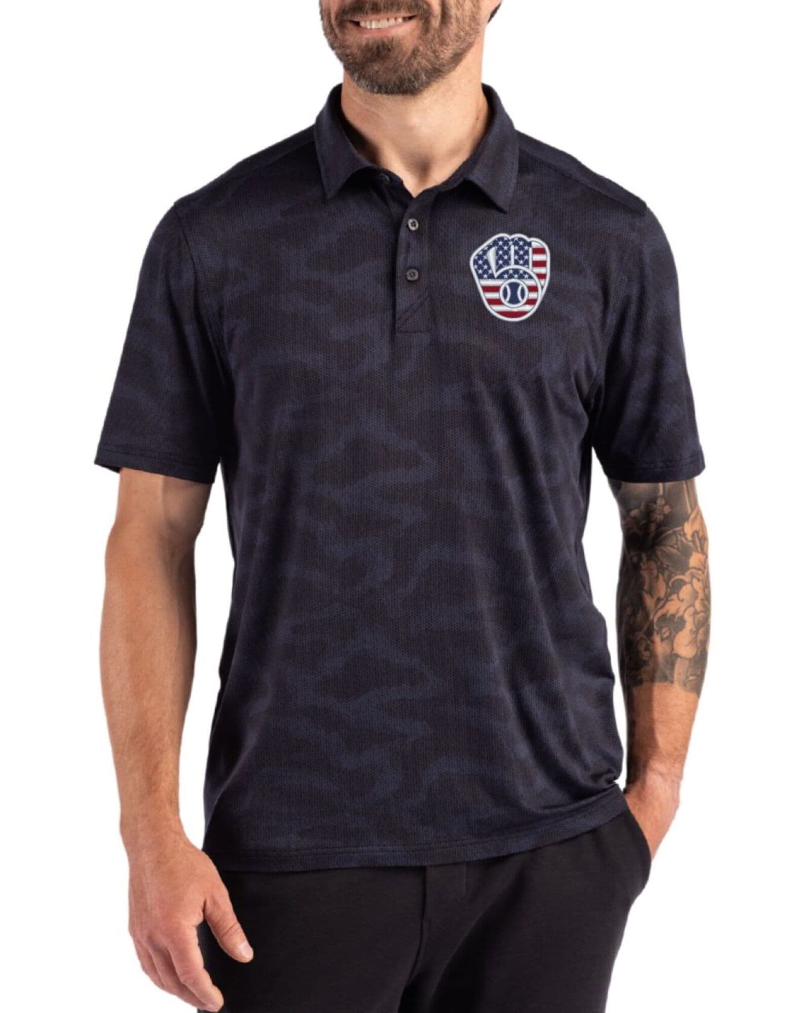 Men's Milwaukee Brewers Cutter & Buck Stars And Stripes Navy Blue Coastline Double Peached Camo Print Polo