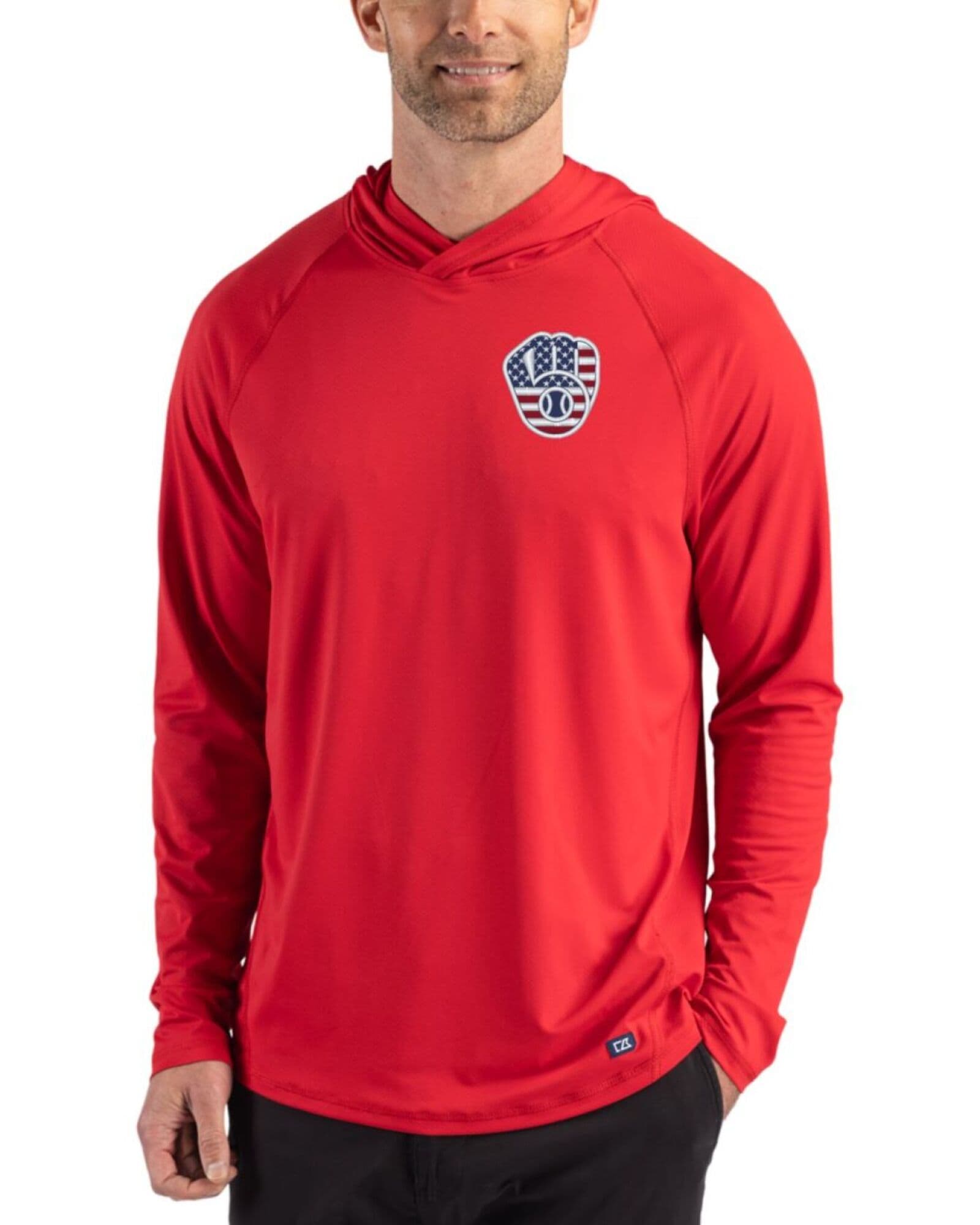 Men's Milwaukee Brewers Cutter & Buck Stars And Stripes Red Prospect Featherlight Stretch Hooded Pullover
