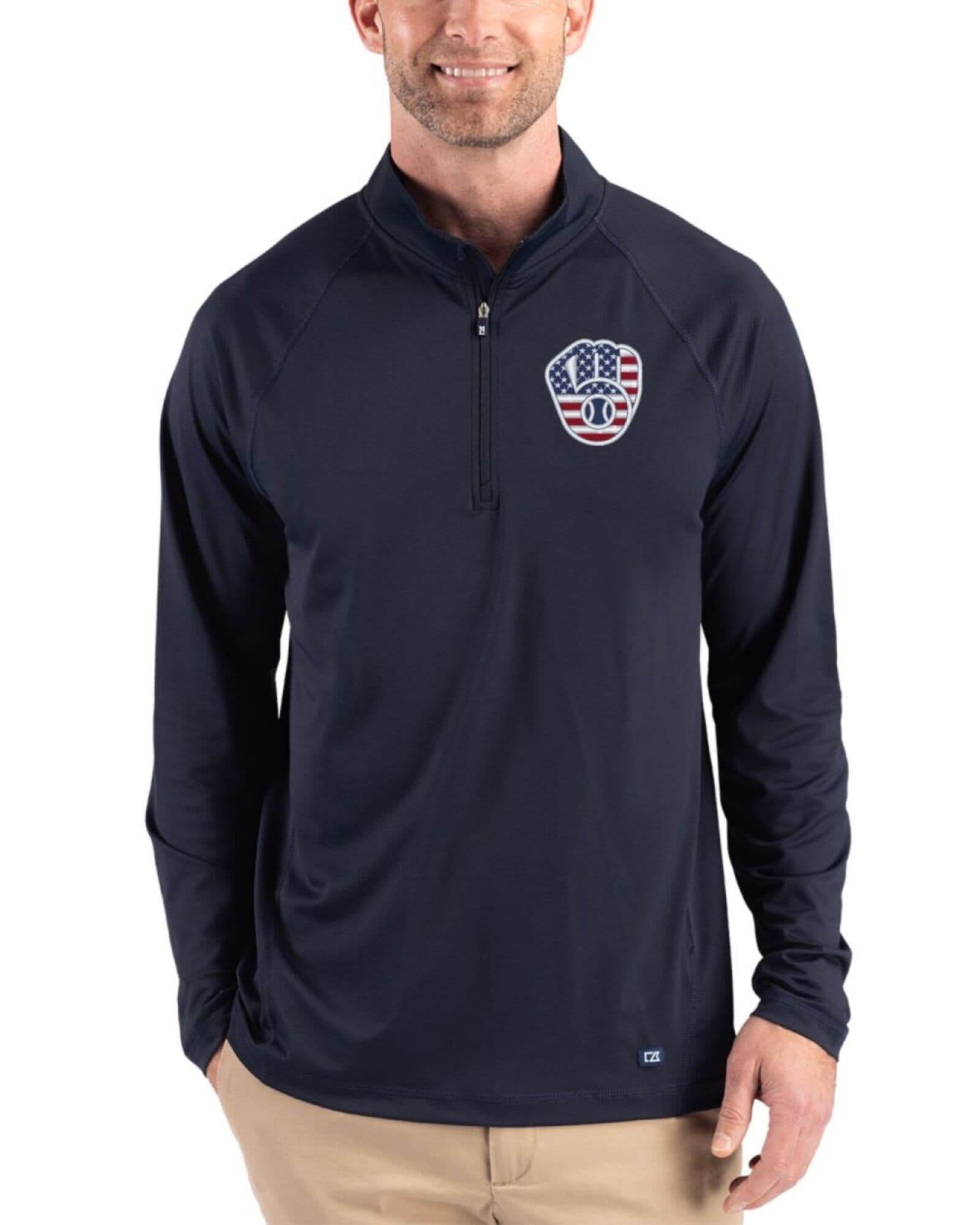 Men's Milwaukee Brewers Cutter & Buck Stars And Stripes Navy Blue Prospect Featherlight Stretch Quarter Zip