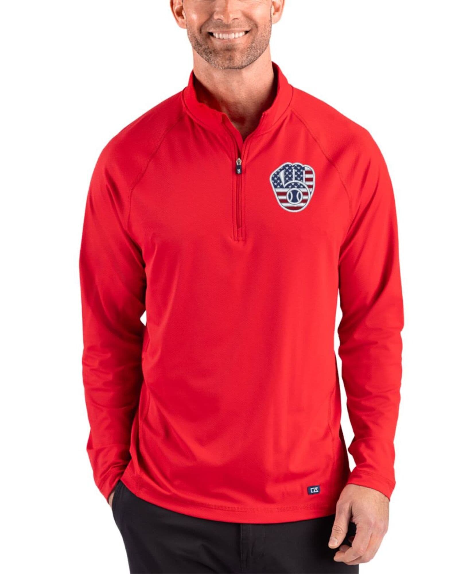 Men's Milwaukee Brewers Cutter & Buck Stars And Stripes Red Prospect Featherlight Stretch Quarter Zip