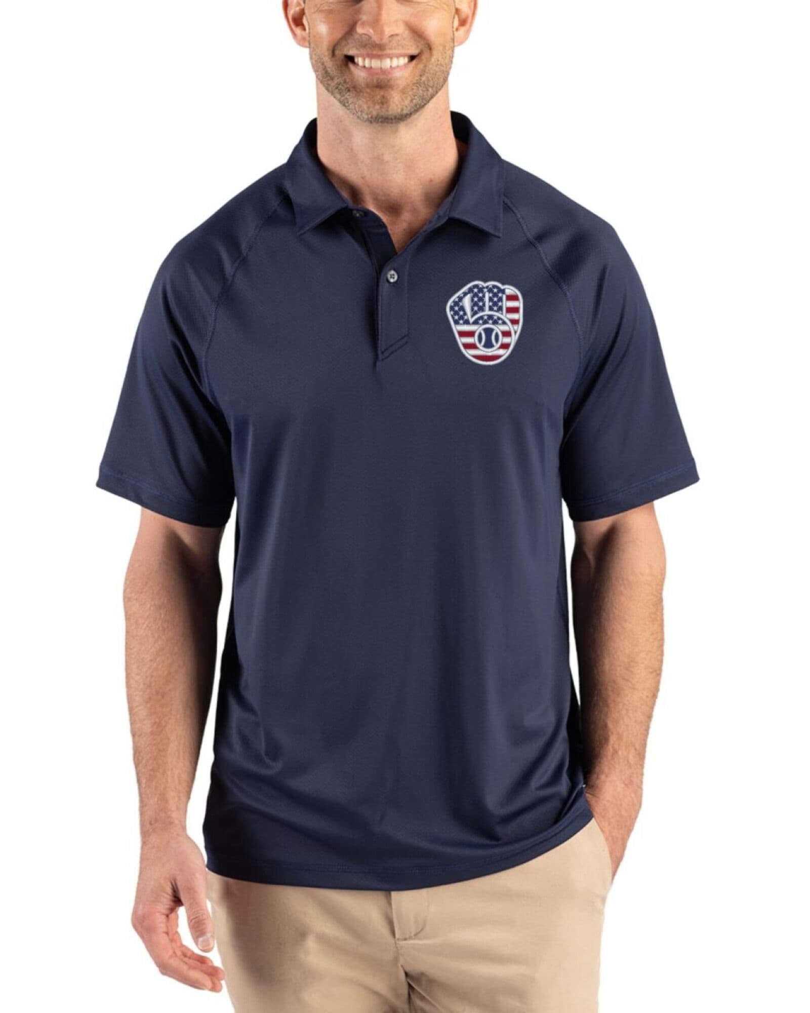 Men's Milwaukee Brewers Cutter & Buck Stars And Stripes Navy Blue Prospect Featherlight Stretch Sport Polo