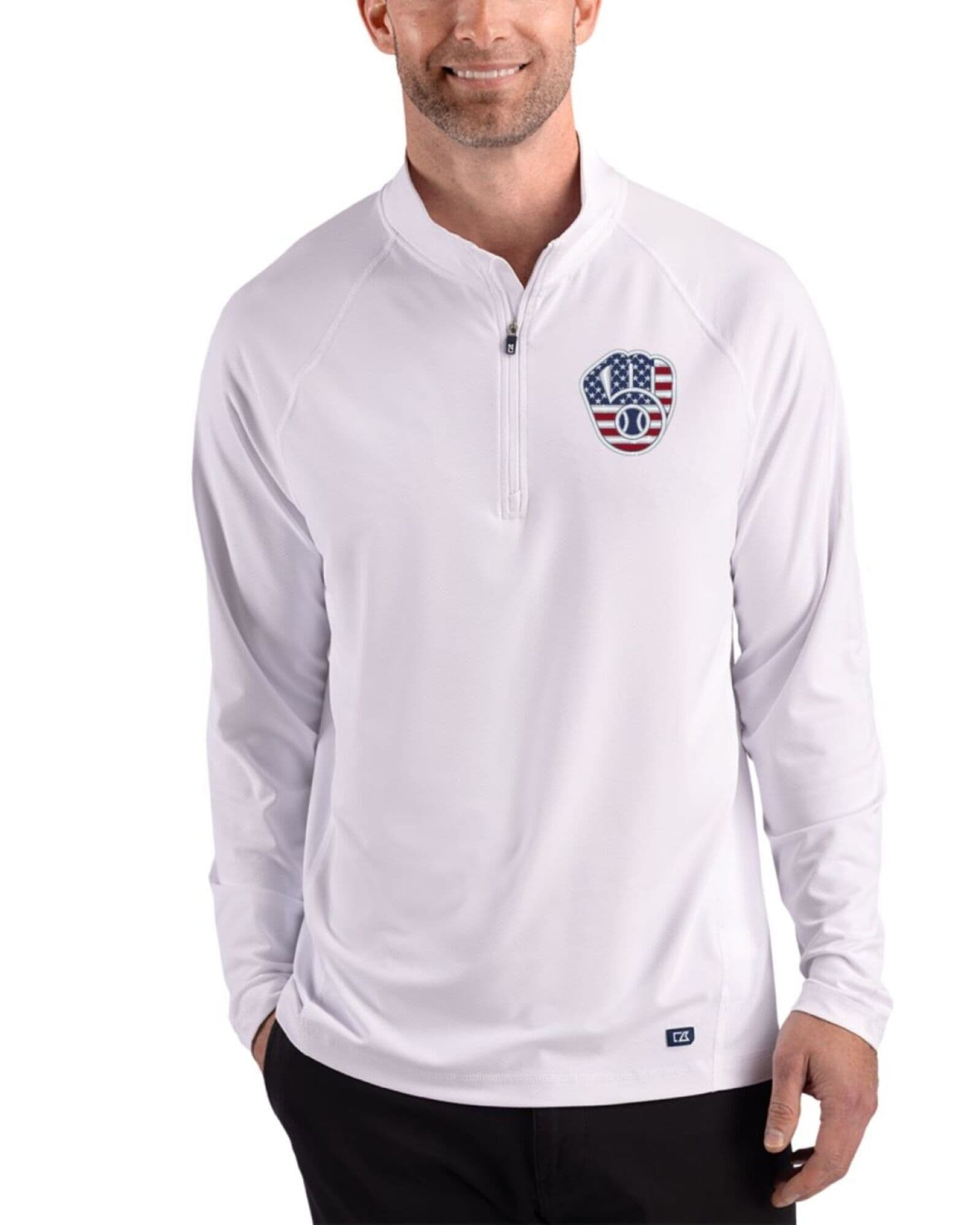 Men's Milwaukee Brewers Cutter & Buck Stars And Stripes White Prospect Featherlight Stretch Quarter Zip