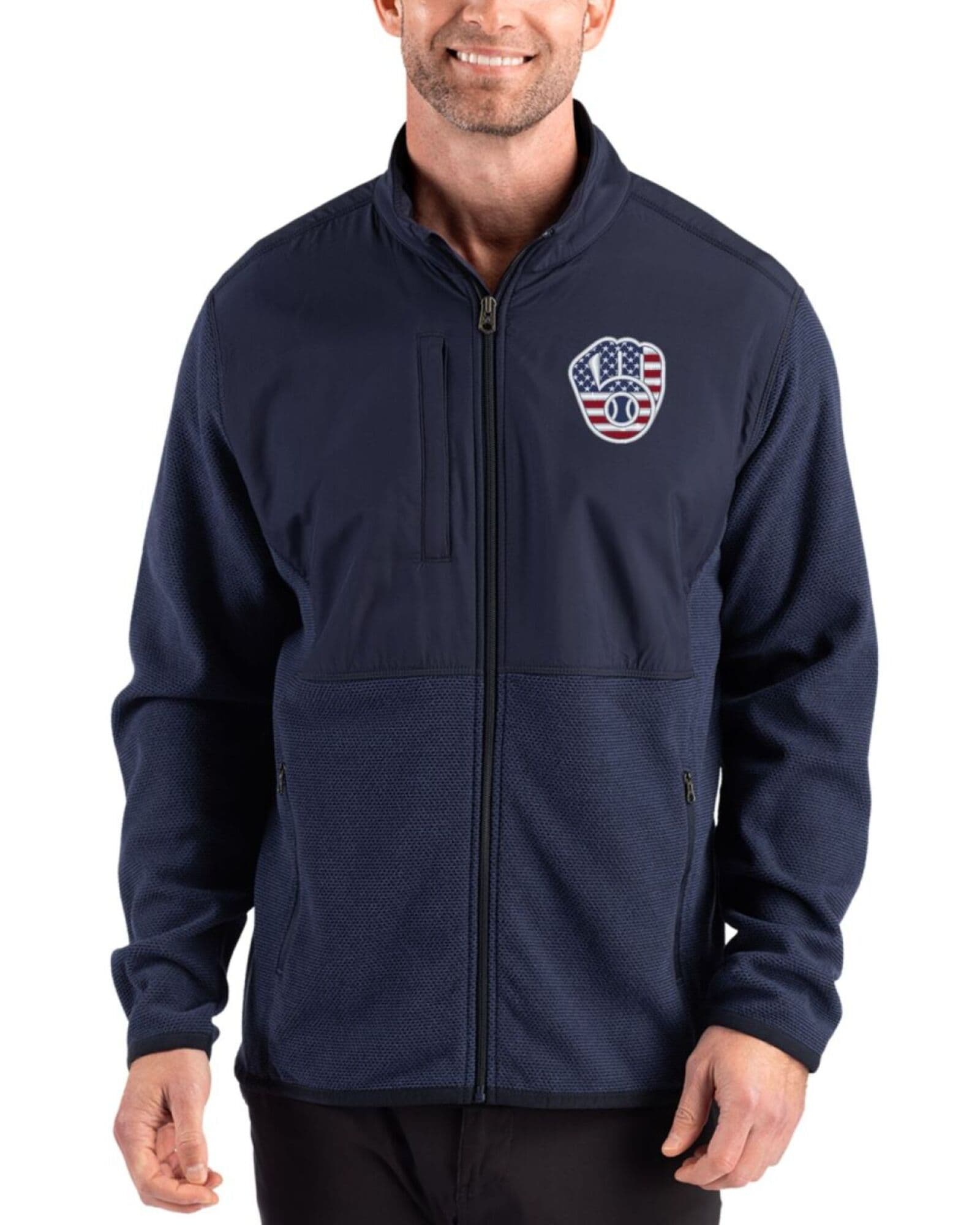 Men's Milwaukee Brewers Cutter & Buck Stars And Stripes Navy Blue Hunts Point Fleece Hybrid Full Zip Jacket