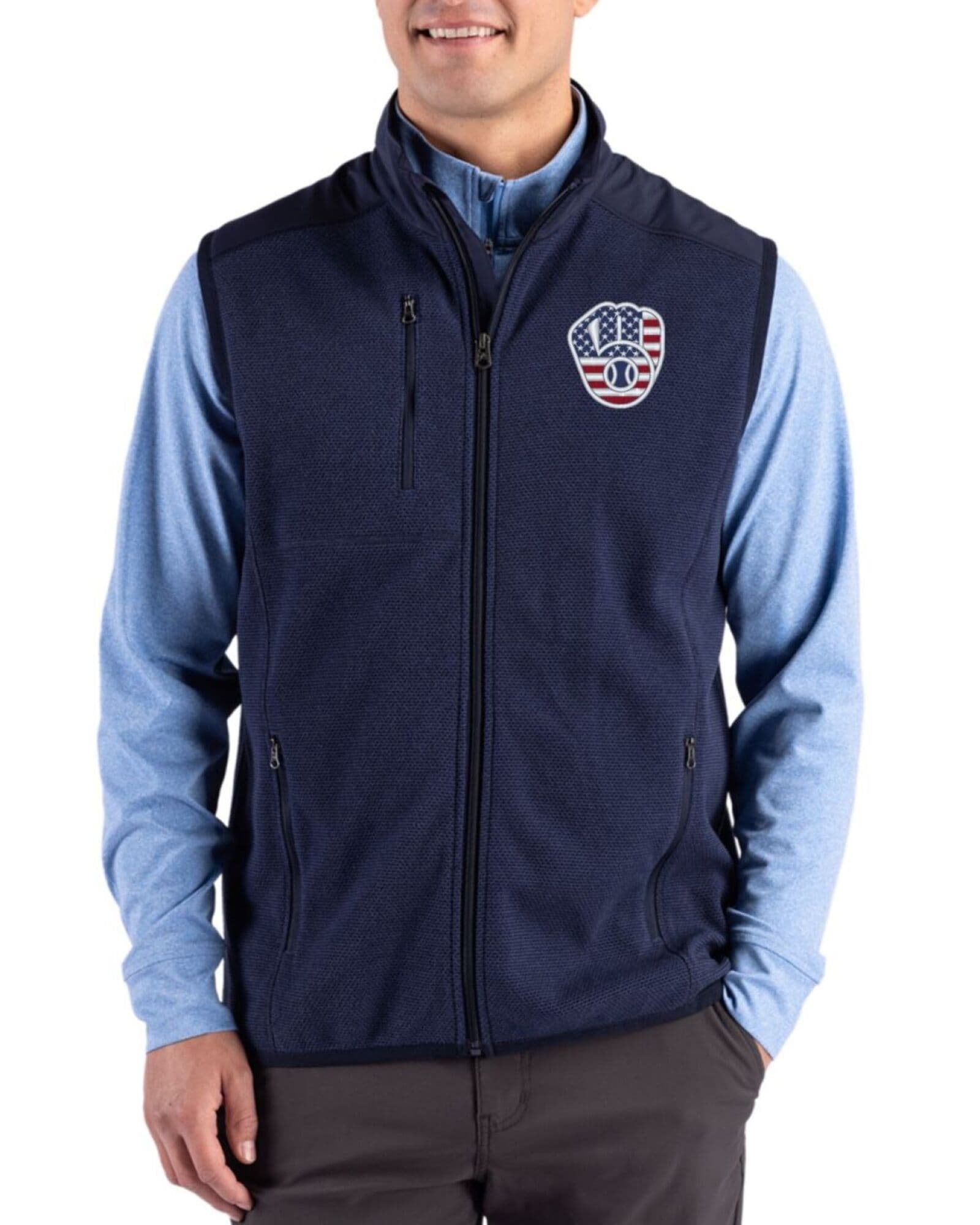 Men's Milwaukee Brewers Cutter & Buck Stars And Stripes Navy Blue Hunts Point Fleece Hybrid Full Zip Vest