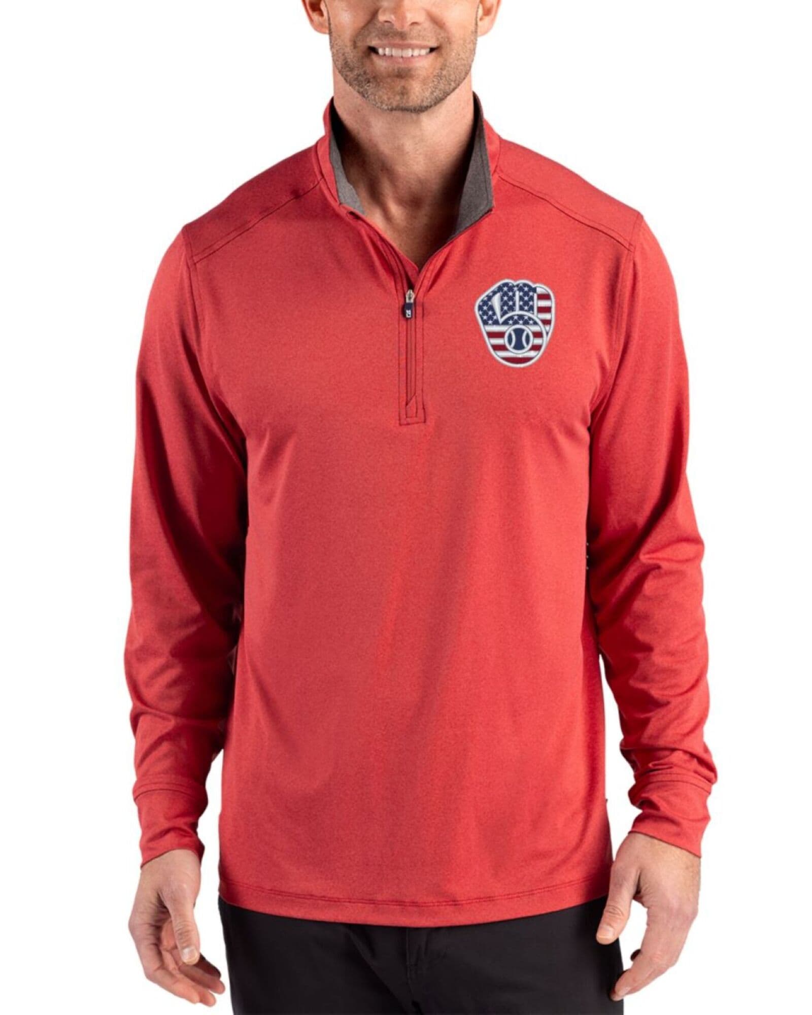 Men's Milwaukee Brewers Cutter & Buck Stars And Stripes Cardinal Red Heather Forge Four-Way Stretch Quarter Zip Pullover