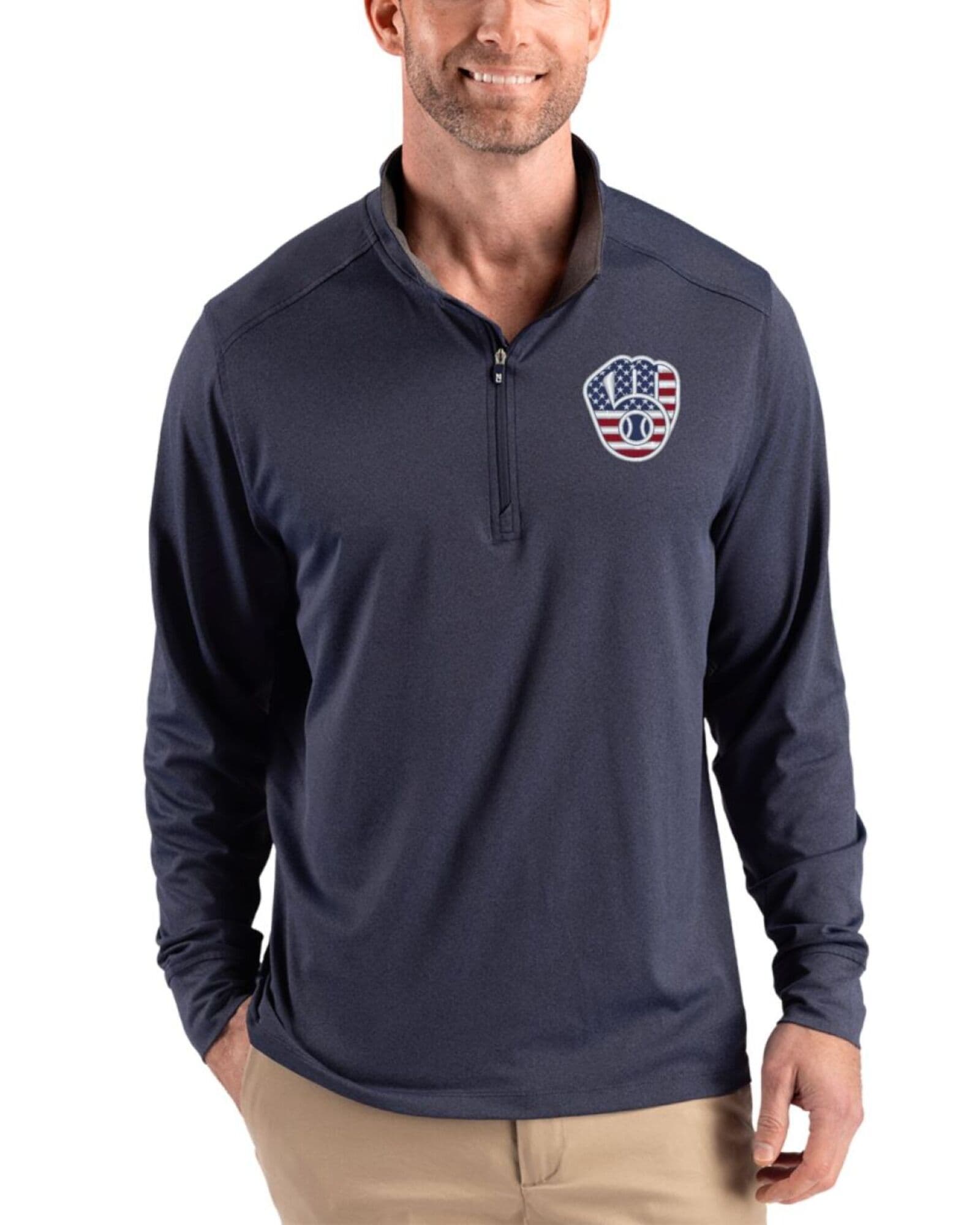 Men's Milwaukee Brewers Cutter & Buck Stars And Stripes Dark Navy Blue Heather Forge Four-Way Stretch Quarter Zip Pullover