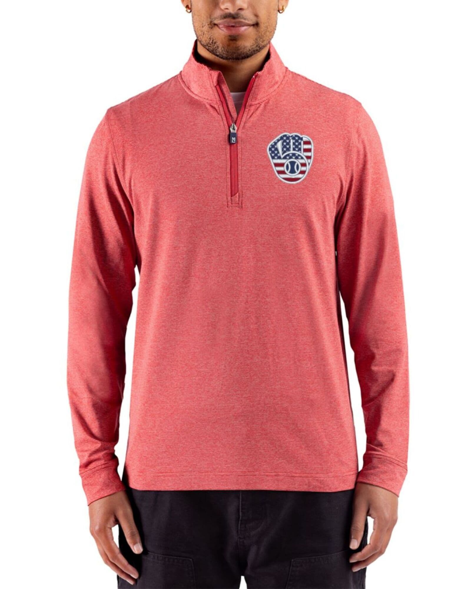 Men's Milwaukee Brewers Cutter & Buck Stars And Stripes Cardinal Red Heather Adapt Soft Knit Stripe Quarter Zip Pullover