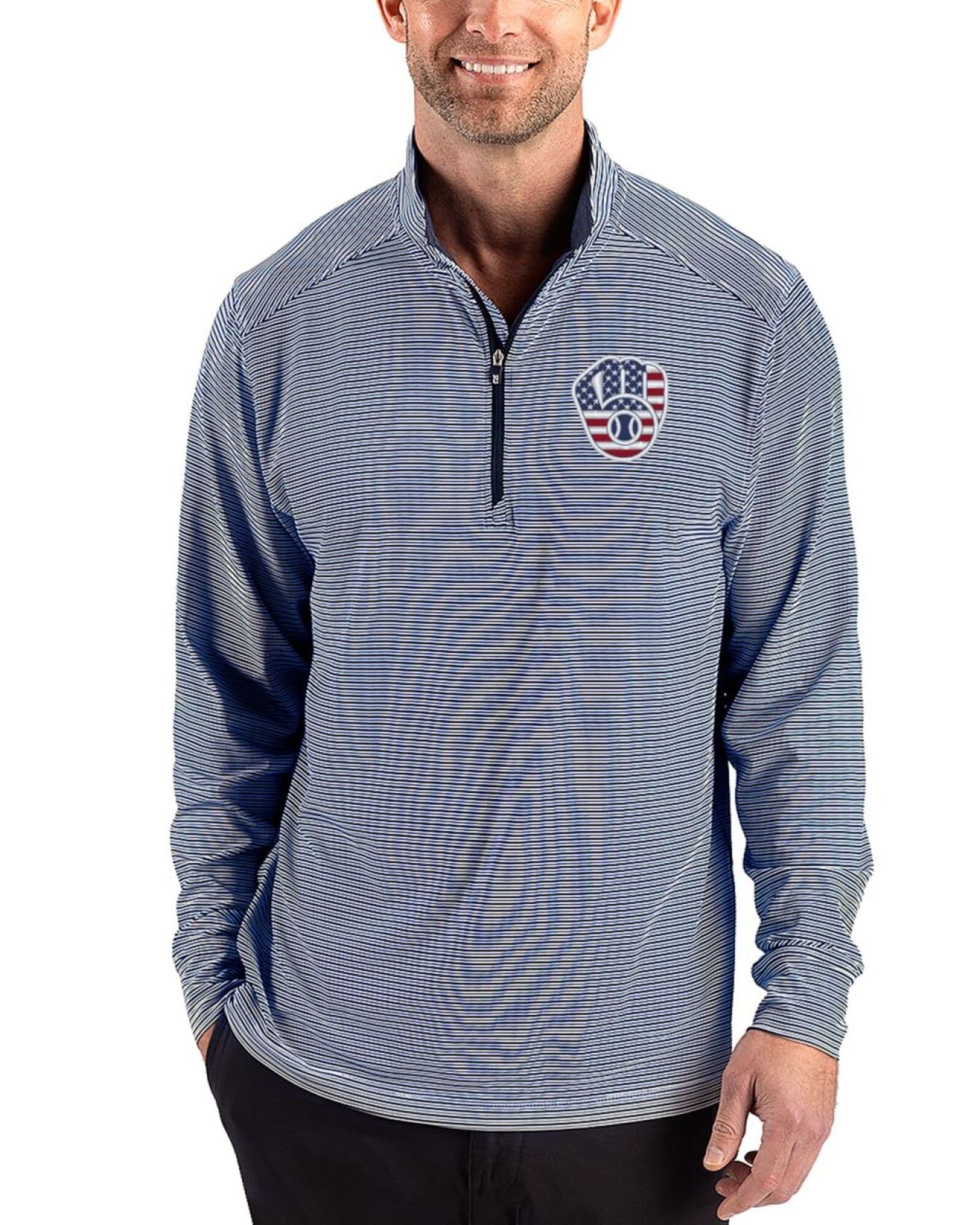 Men's Milwaukee Brewers Cutter & Buck Stars And Stripes Navy Blue/White Forge Double Stripe Four-Way Stretch Quarter Zip Pullover