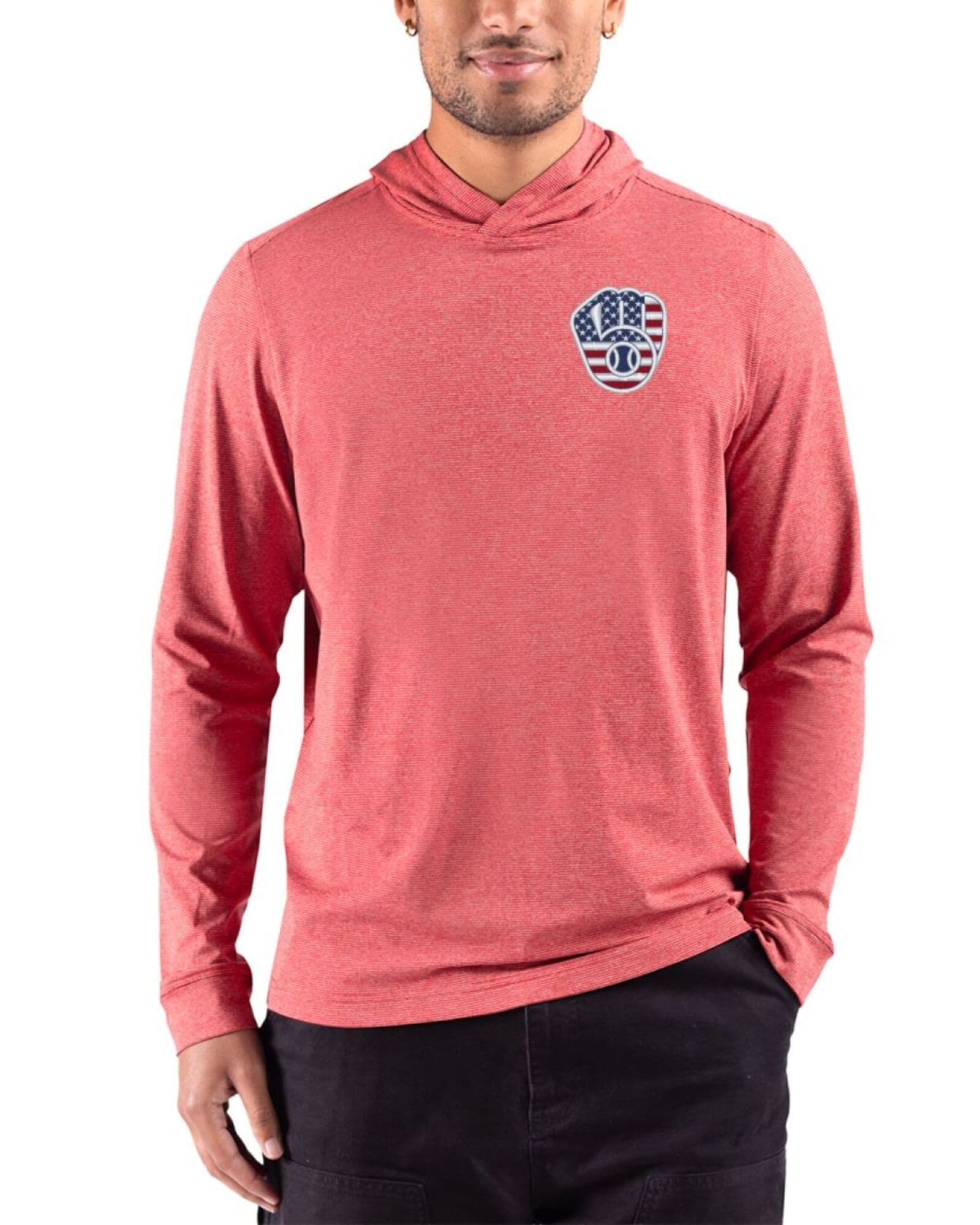 Men's Milwaukee Brewers Cutter & Buck Stars And Stripes Cardinal Red Heather Adapt Soft Knit Stripe Hooded Pullover