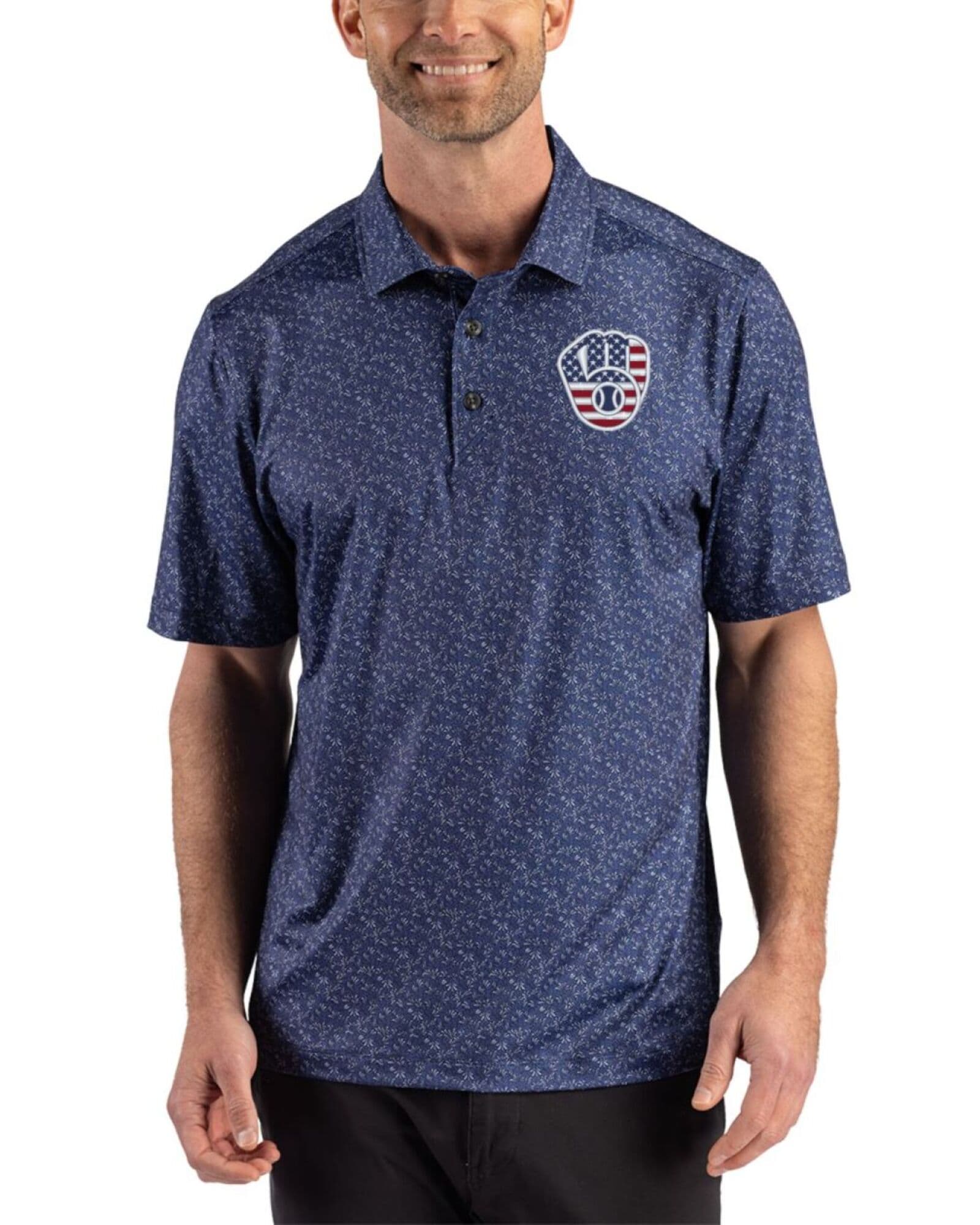 Men's Milwaukee Brewers Cutter & Buck Stars And Stripes Navy Blue Pike Fern Print Polo