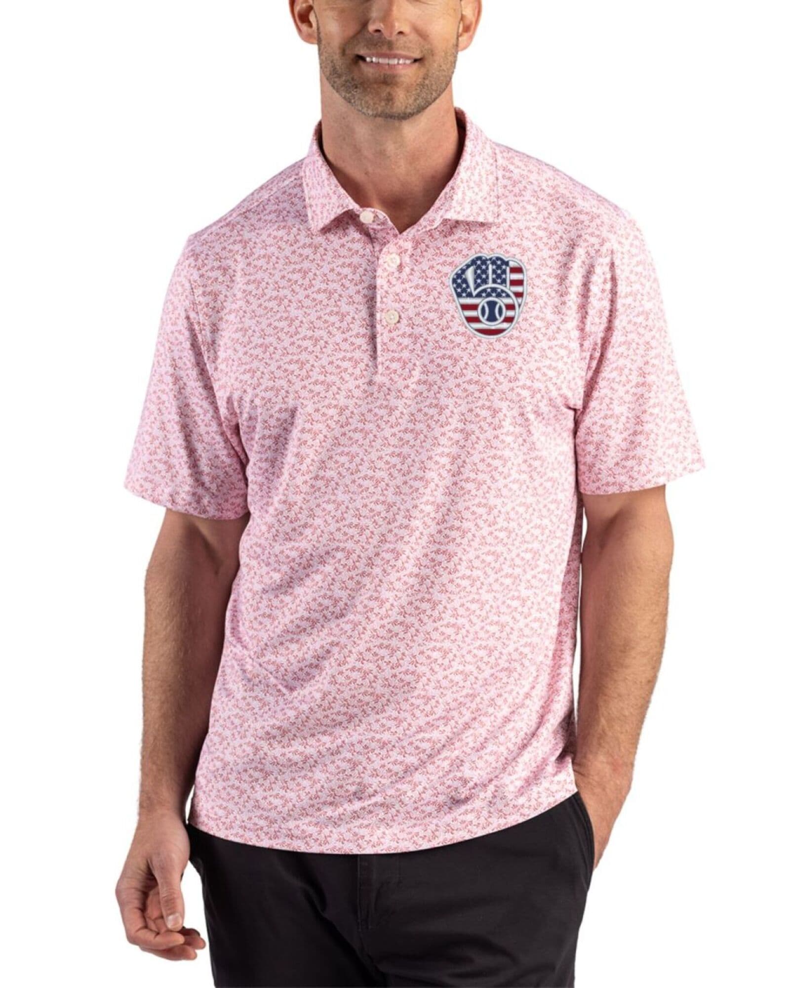 Men's Milwaukee Brewers Cutter & Buck Stars And Stripes Red Pike Fern Print Polo