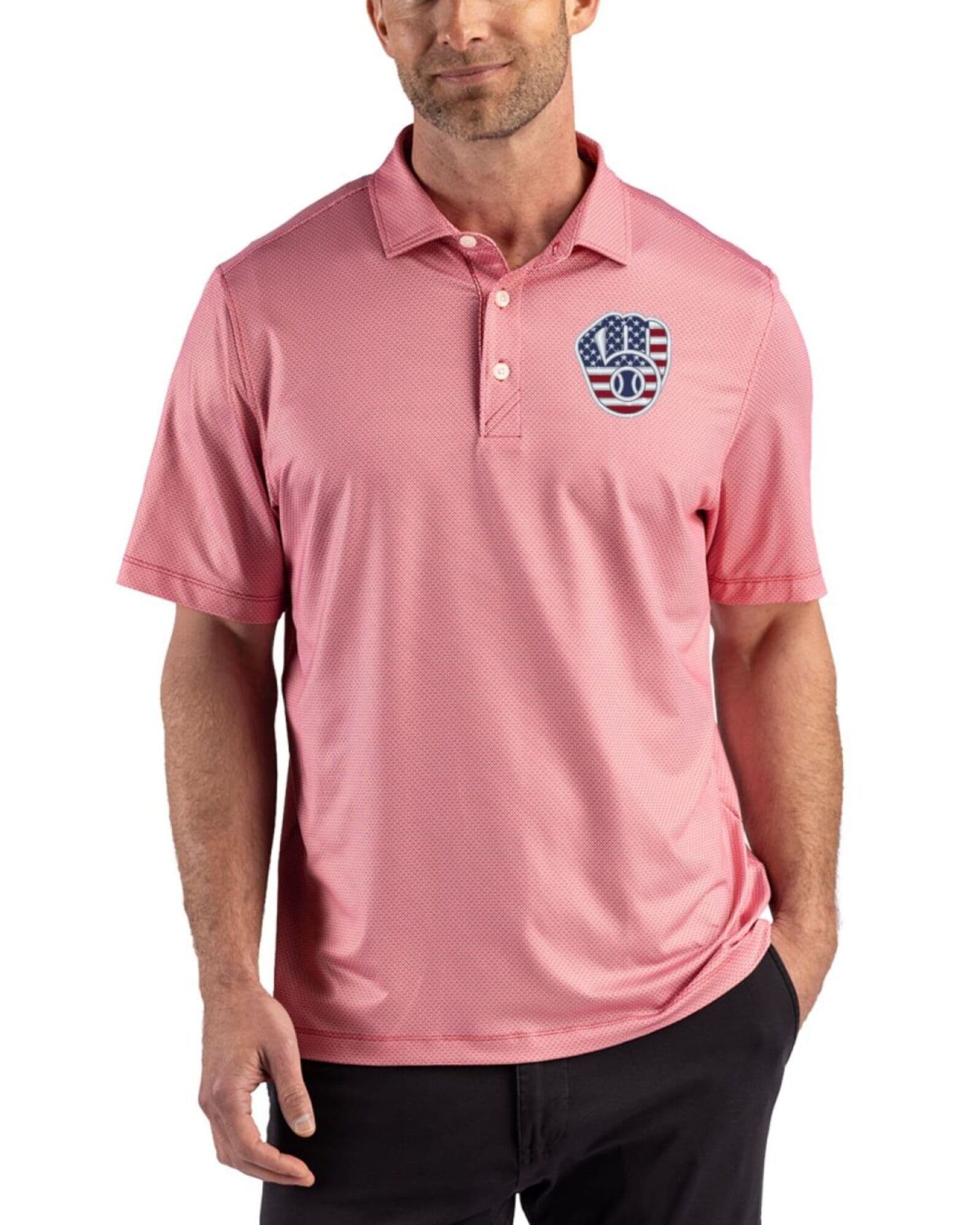Men's Milwaukee Brewers Cutter & Buck Stars And Stripes Red Pike Lattice Print Polo