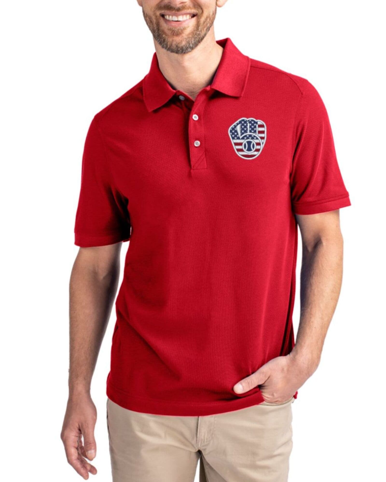 Men's Milwaukee Brewers Cutter & Buck Stars And Stripes Cardinal Red Advantage Cotton-Blend Pique Polo