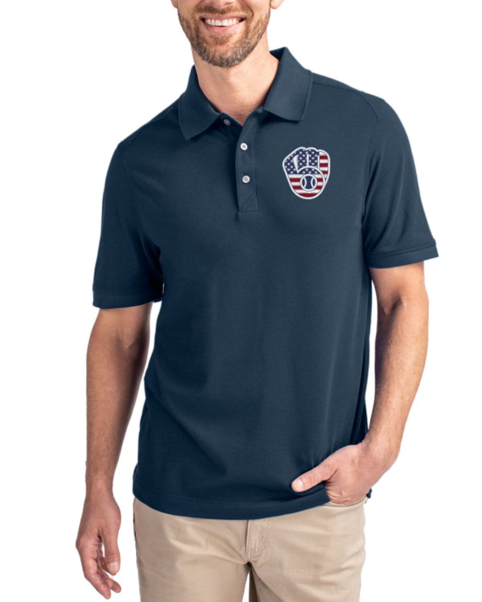Men's Milwaukee Brewers Cutter & Buck Stars And Stripes Liberty Navy Advantage Cotton-Blend Pique Polo