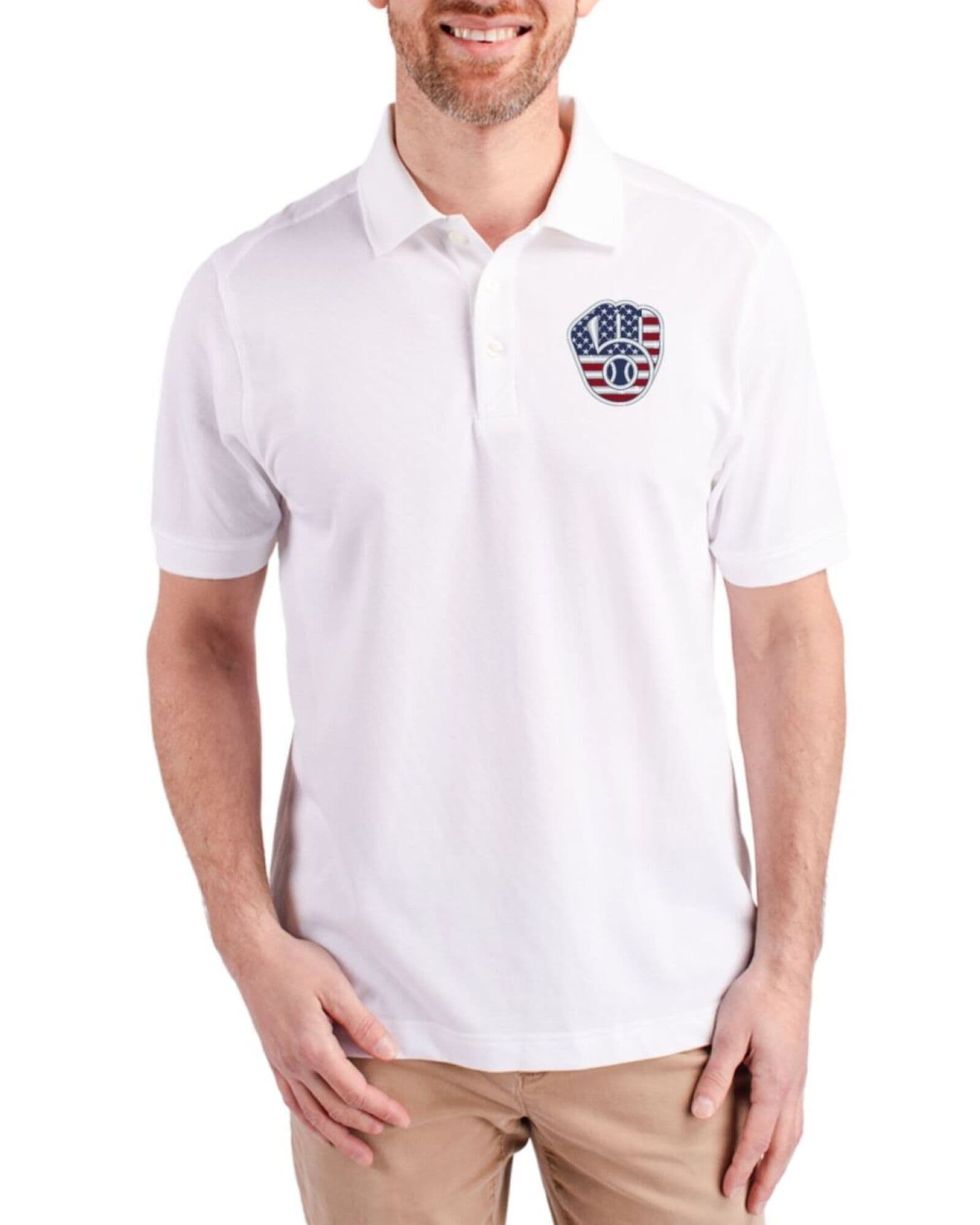 Men's Milwaukee Brewers Cutter & Buck Stars And Stripes White Advantage Cotton-Blend Pique Polo