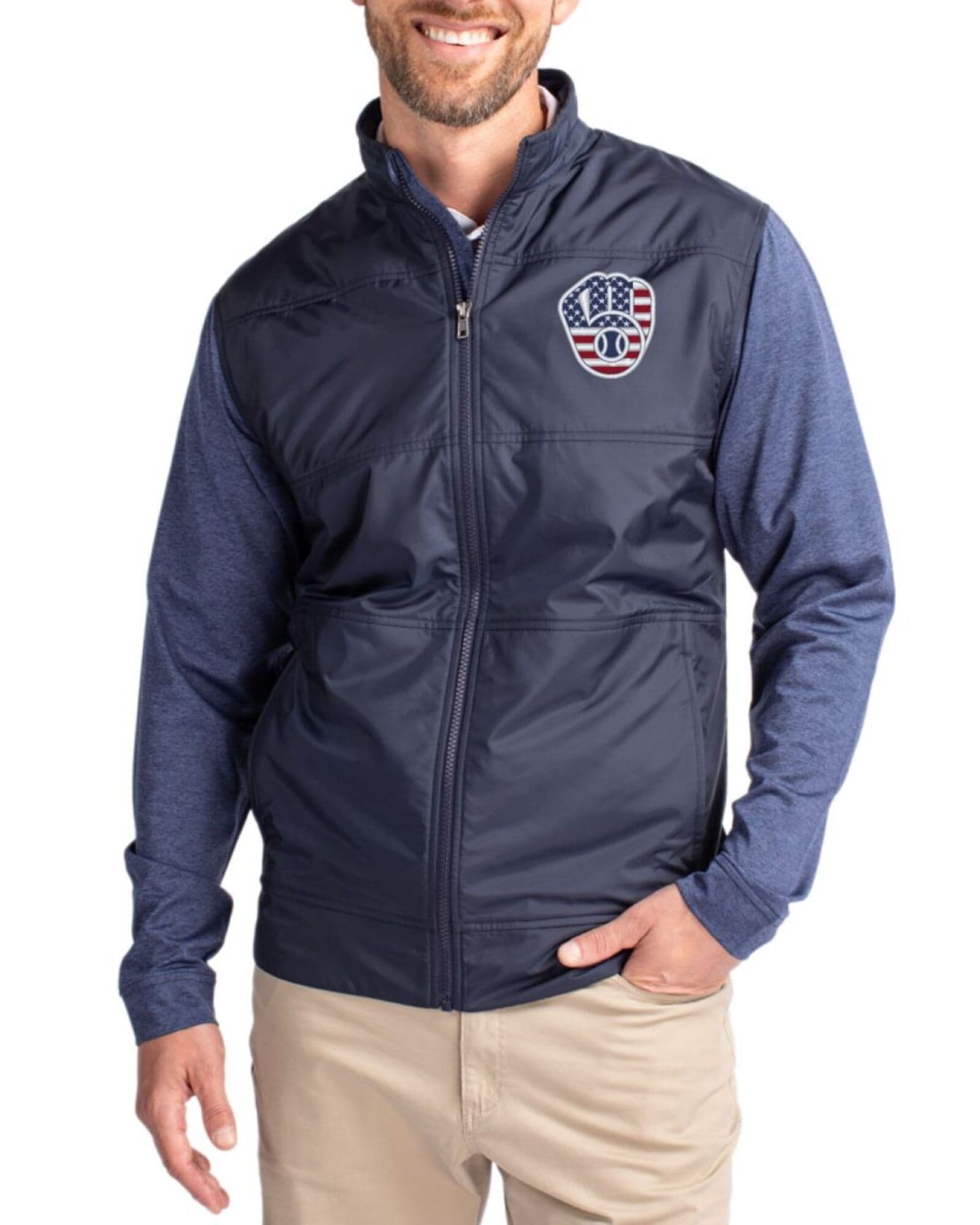 Men's Milwaukee Brewers Cutter & Buck Stars And Stripes Liberty Navy Stealth Hybrid Quilted Windbreaker Jacket